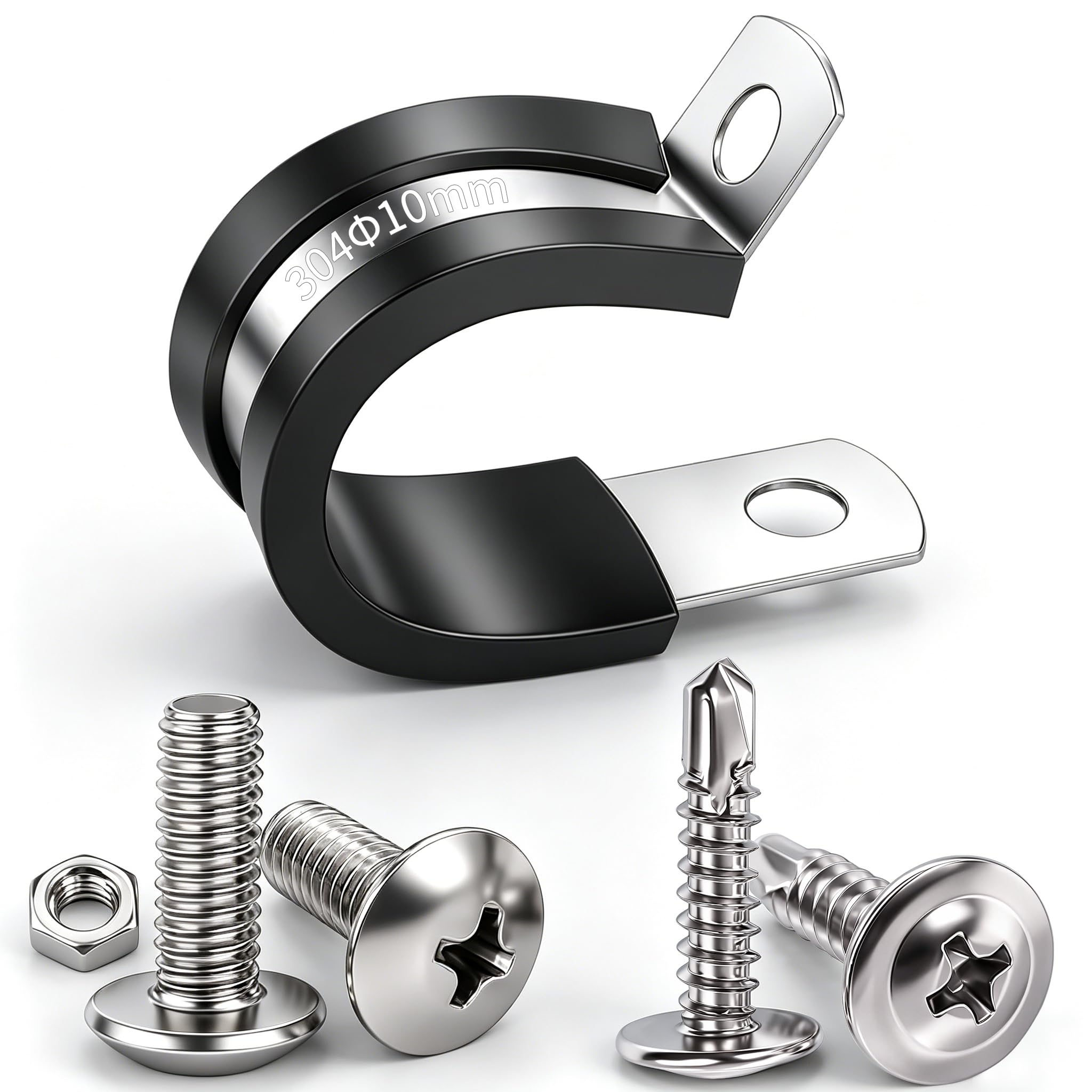 Twidec/50PCS 3/8 Inch Cable Clamp 304 Stainless Steel Rubber Coated Cushion Pipe Clamps,Metal Clamp,With Metal Rubber Clips For Automotive Wire Tube Pipe Clamps N-056-3/8