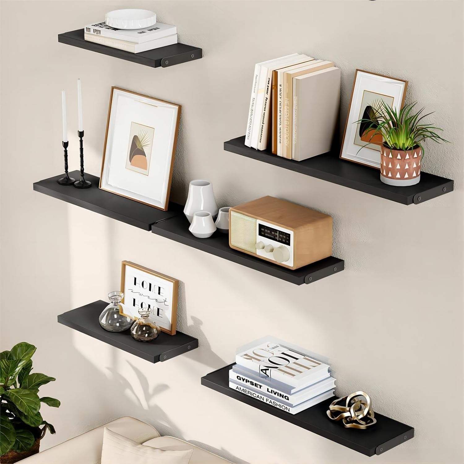 AMADA HOMEFURNISHING Wall Shelves Set of 6, Wood Floating Shelves for Wall Decor, Rustic