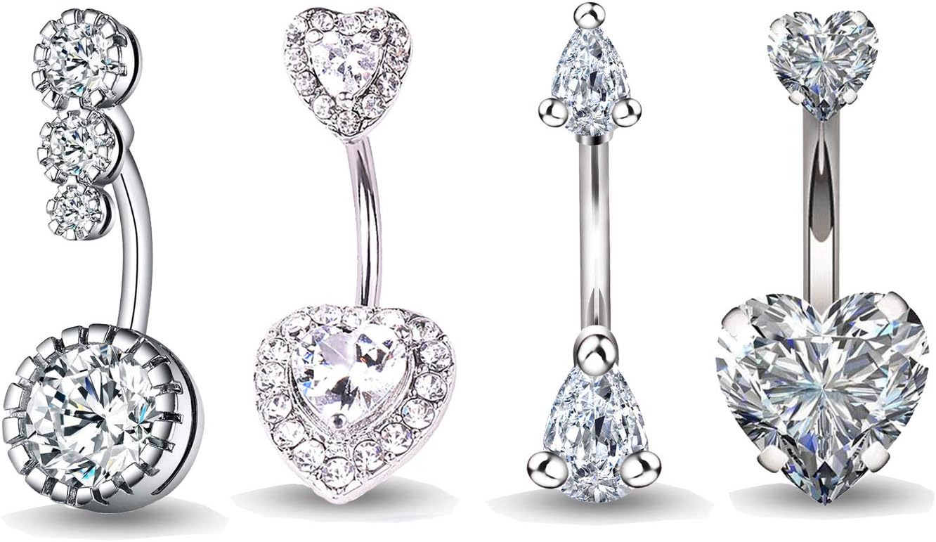 GUUTUUG4Pcs Belly Bars 14G 316L Surgical Steel Belly Button Rings for Women Girls Navel Rings CZ Body Piercing (4 Pieces)