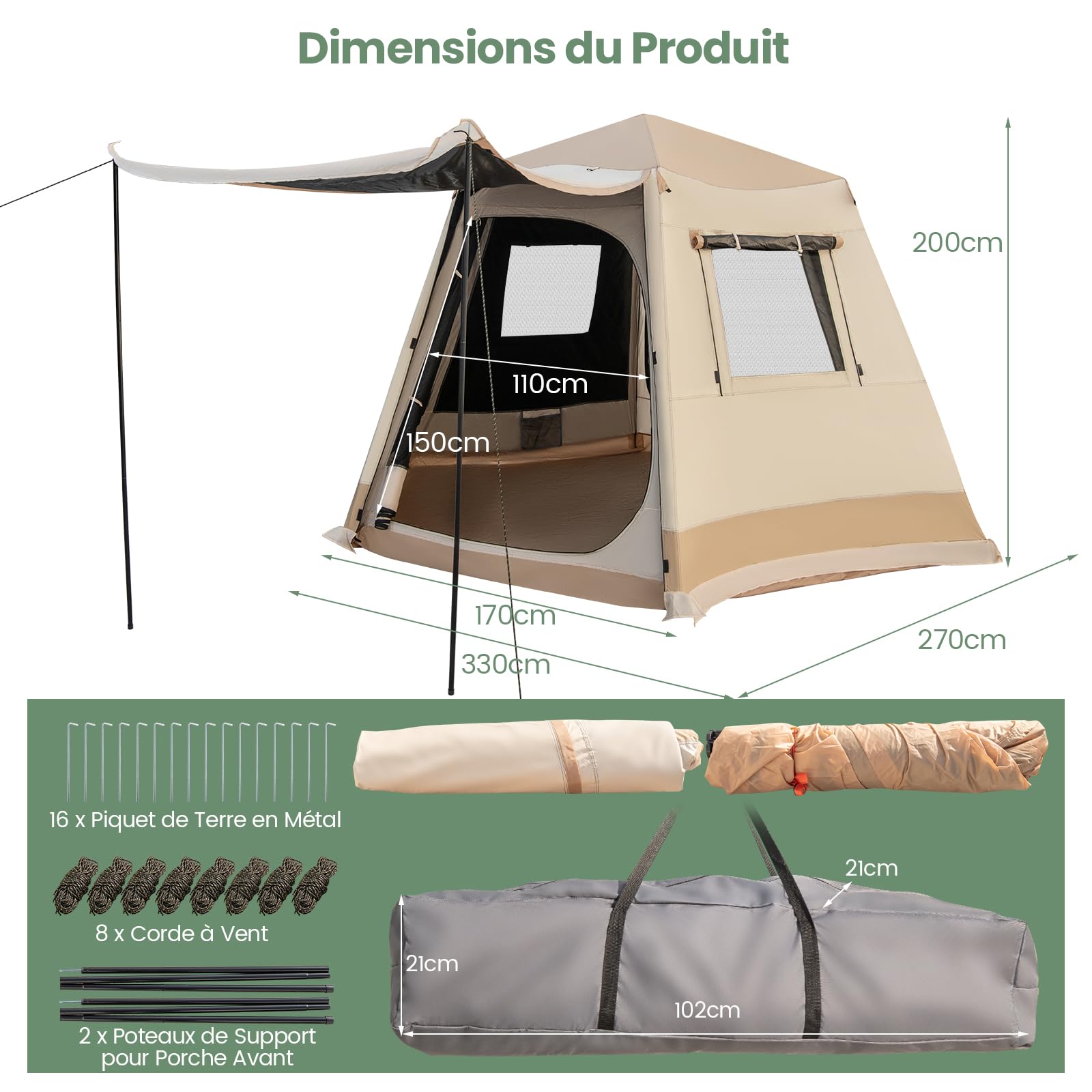 GOPLUS Tente de Camping Pop-Up pour 4-6 Personnes, avec Fixation Automatique, Double Couche & Double Toit, 2 Entrées &4 Fenêtres, Sac de Transport, Tente Familiale & Coupe-Vent pour Randonnées