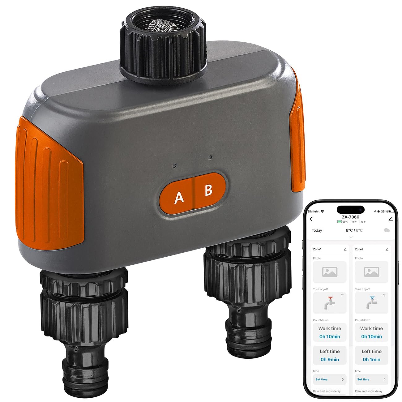 Royal Gardineer Dual Bewässerung: 2er-Set WLAN-Bewässerungscomputer mit Dual-Ventil, 2-Fach-Verteiler (WLAN-Bewässerungscomputer mit App, Doppel-Ventil, Handy)