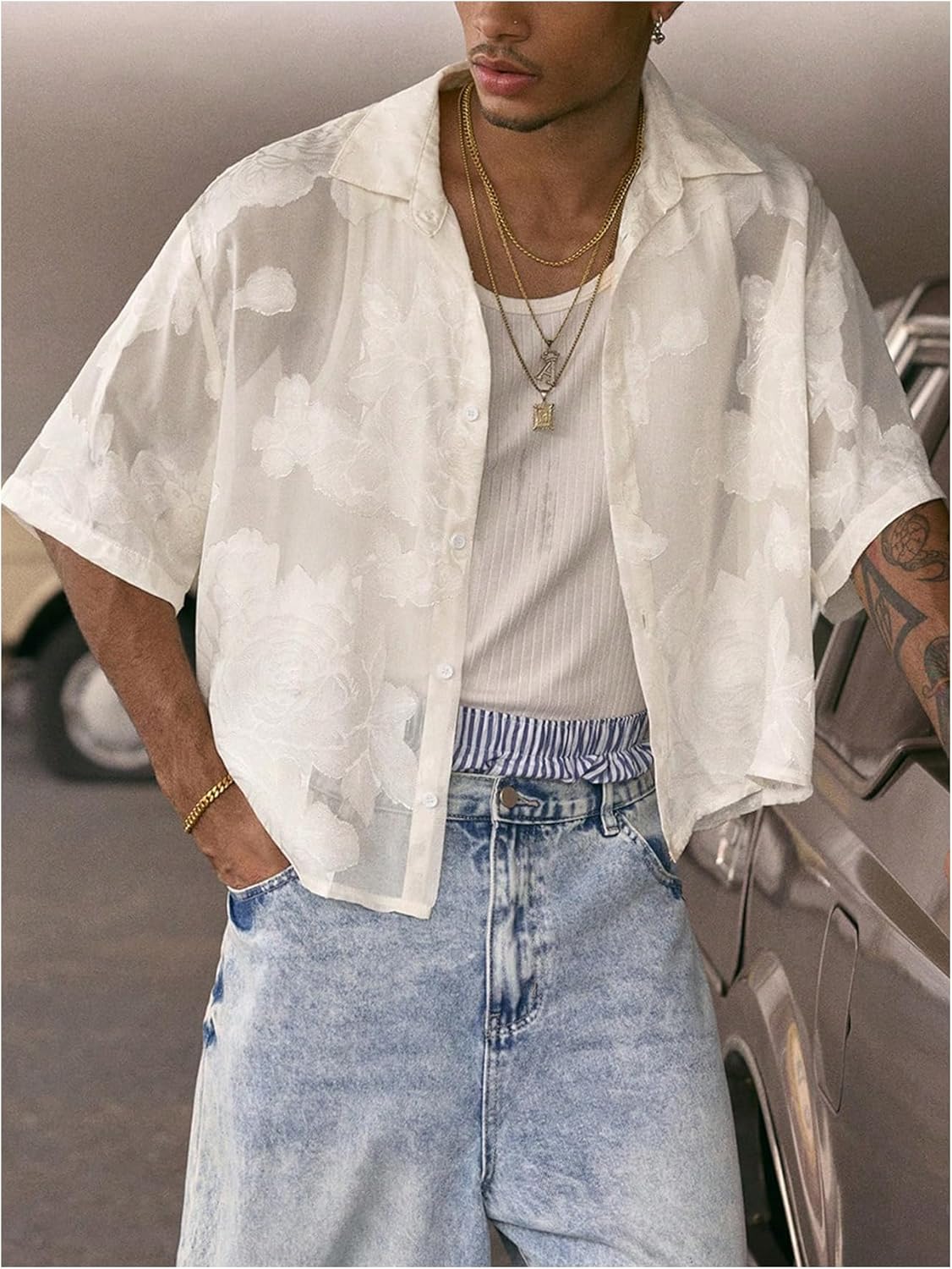 Men's Floral Button Down Shirts Y2k Sheer Mesh Half Sleeve Cropped Shirt Collar Loose Casual Boho Tops - Image 3