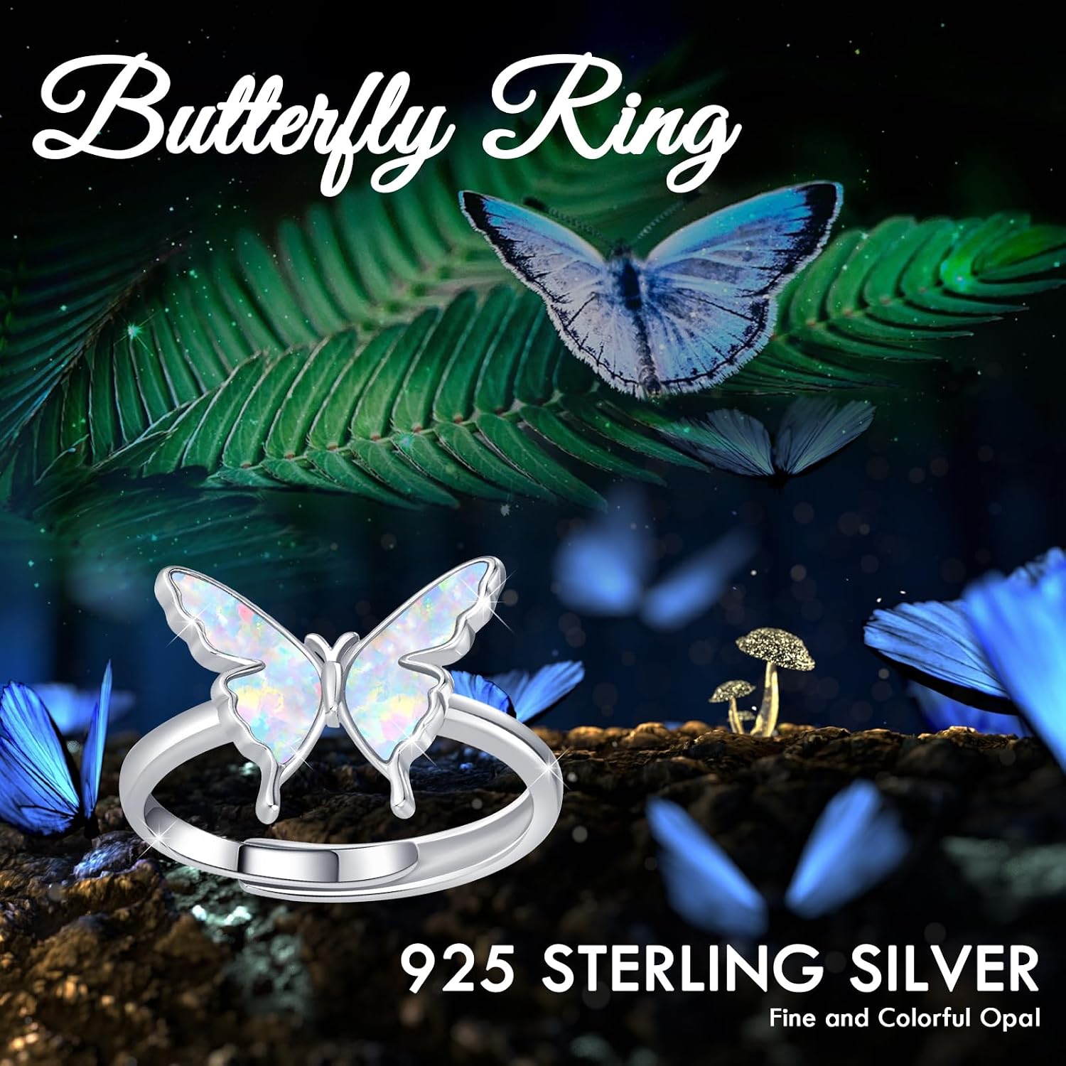 CUOKA MIRACLE Sterling Silver Opal Butterfly Open Adjustable Ring - Exquisite Cute Jewelry Rings for Women's Anniversary or Birthday Gifts