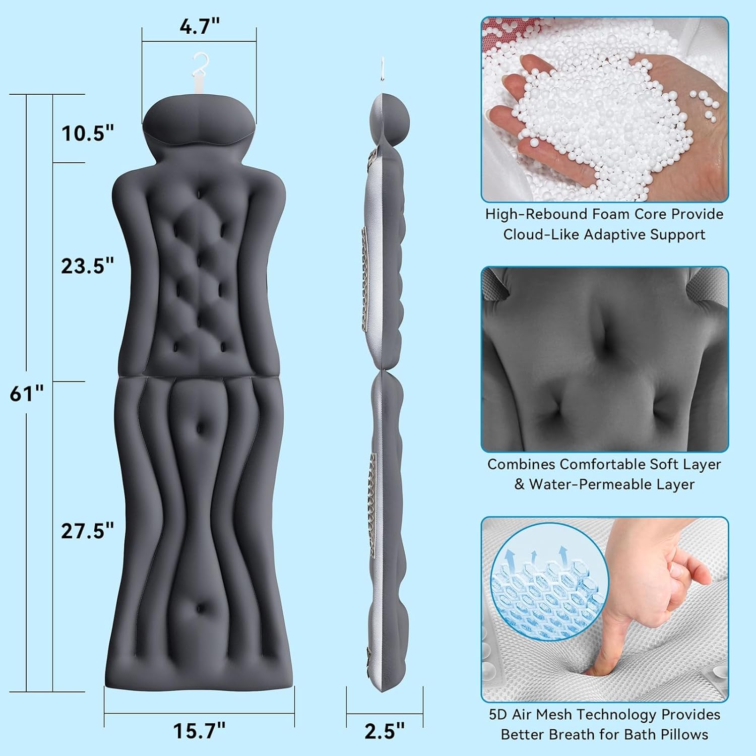 Full Body Bath Pillow for Bathtub RUVINCE Ergonomic Luxury Bathtub Pillow with Head,Neck, Shoulder and Back Support, 6D Bath Pillows for tub with 192 Powerful Suction Cups, Fits All Bathtub
