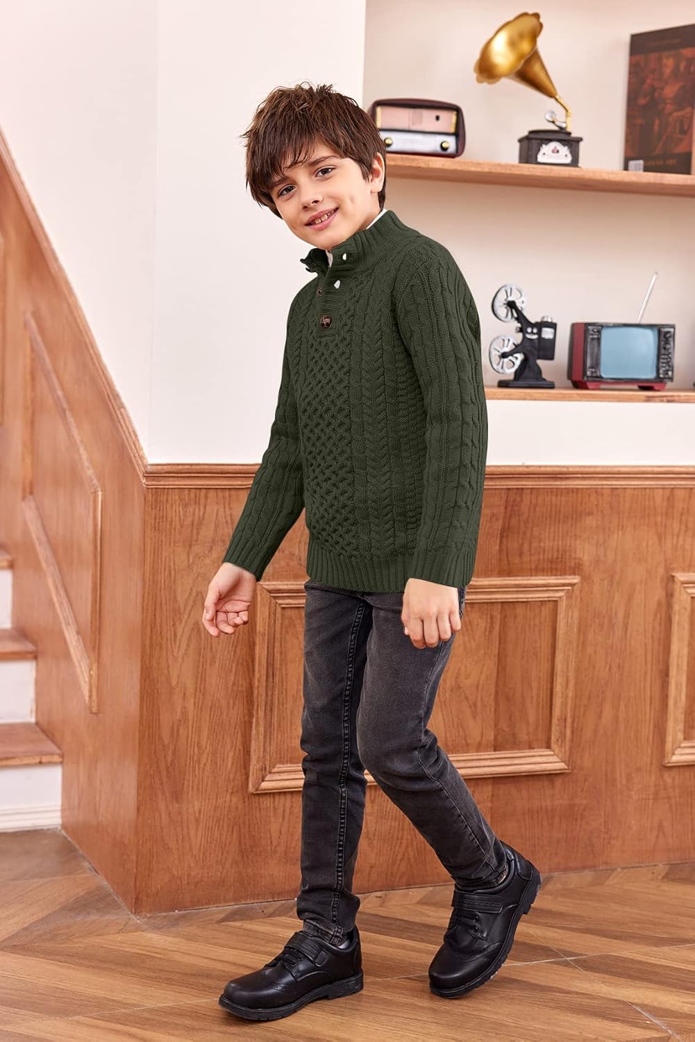 Makkrom Kids and Boys Mock Neck Pullover Sweater Long Sleeve Button Cable Knitted Jumper - Image 2