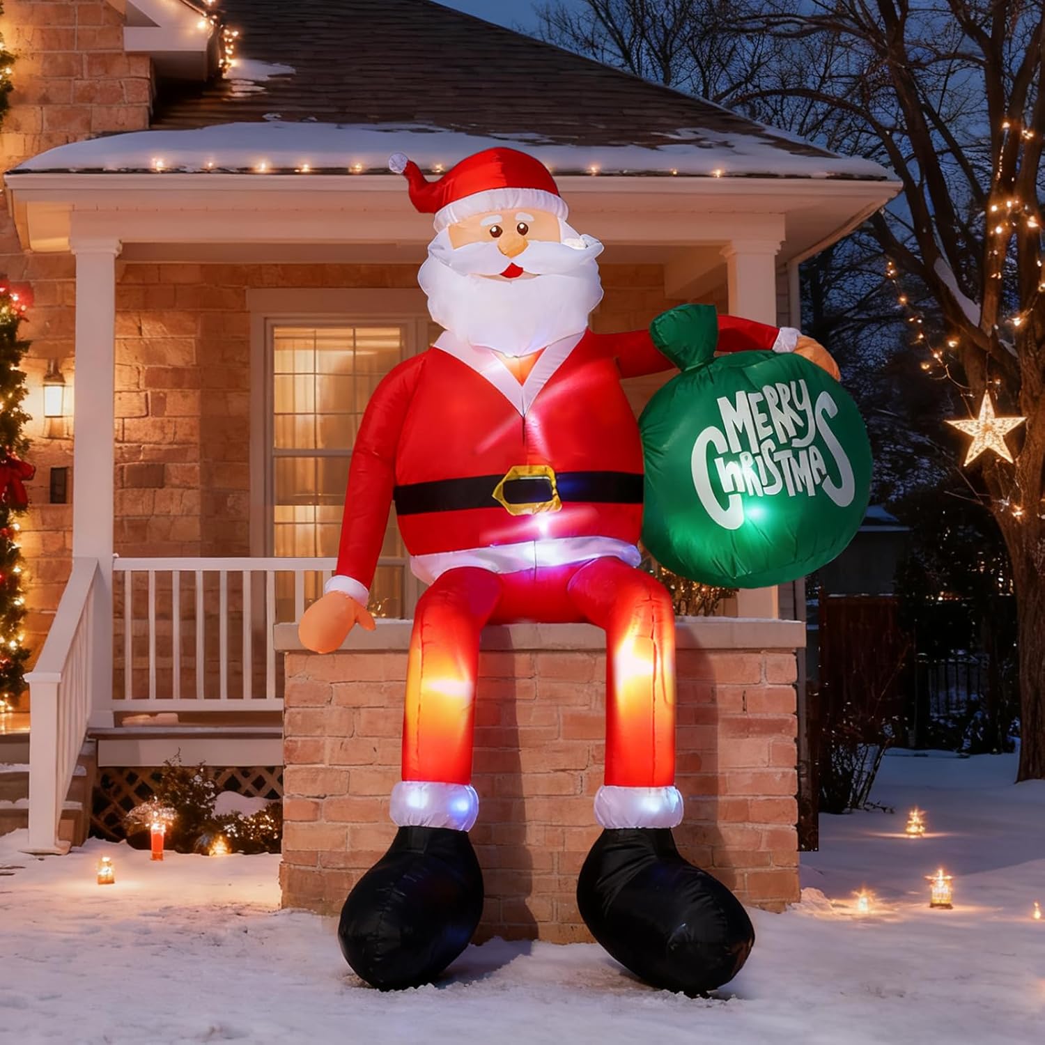 JOYHALO 8FT Christmas Inflatable Sitting Santa Claus Outdoor, Santa Blow Up Yard Decorations with Gift Bag, with Bright LED Lights, Climbing Santa for Roof Indoor Lawn Party Decor