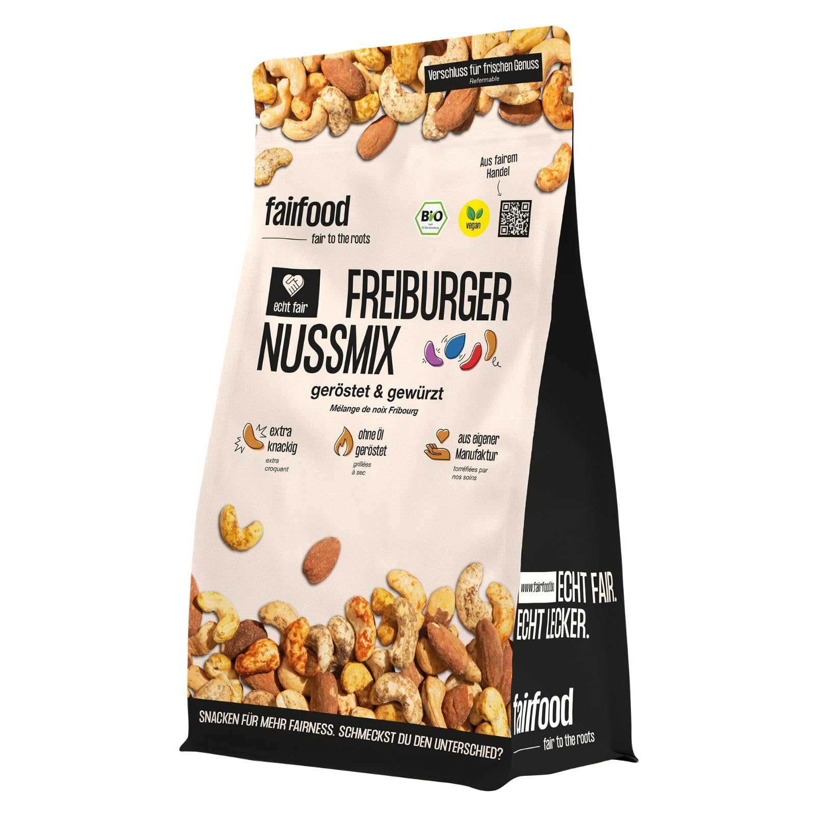 fairfood Freiburger Nuss-Mix geröstet & gesalzen (500 g) – Bio, Fair gehandelt & Vegan – Nussmischung mit Cashews & Mandeln – Ohne Öl geröstet in eigener Manufaktur