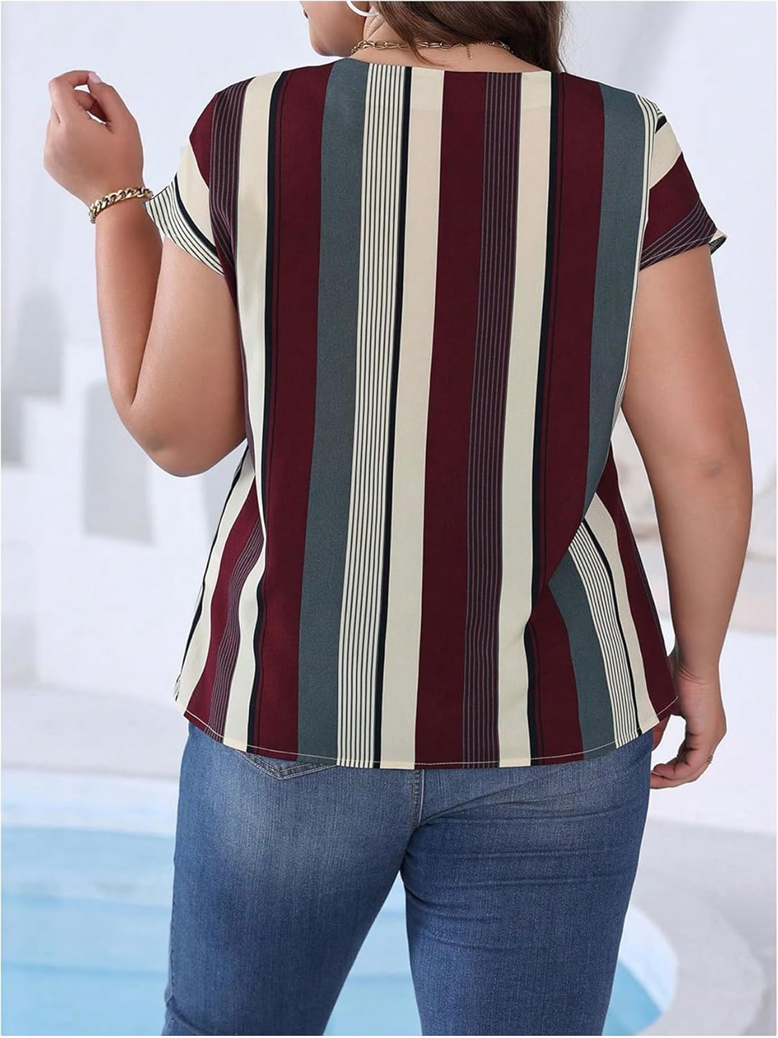SOLY HUX Plus Size Blouses for Women Color Block Striped Short Sleeve Shirts Notched V Neck Summer Tops - Image 2
