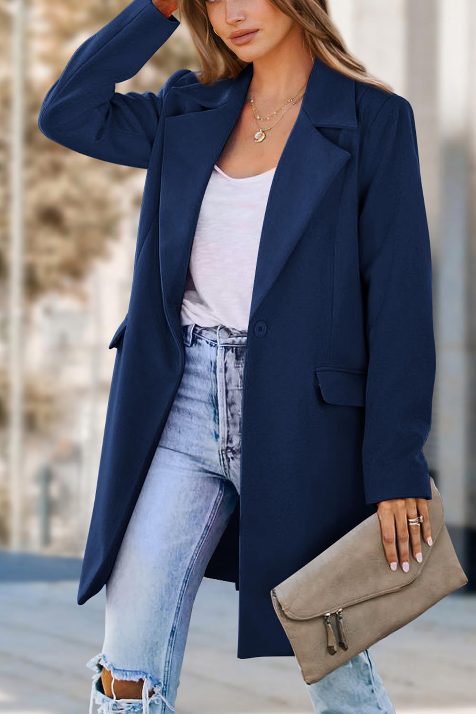 PRETTYGARDEN Women's Business Casual Long Blazer Jackets(Navy,S) view 8