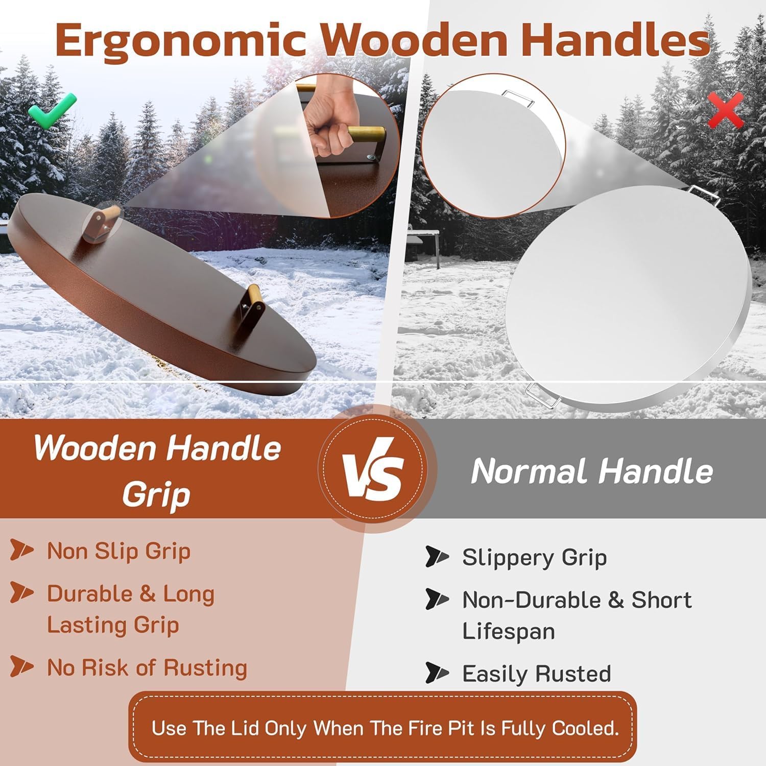 25.5” firepit lid Round for Inside up to 23” Gas fire Pit lid for Outdoor Fireplace Cover Steel fire Pit Metal Cover W/Wooden Handle & Bronze Coated Snuffer Lid for Round Patio FirePit