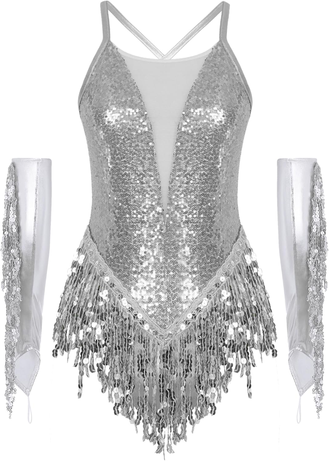 Freebily Sequin Fringe Bodysuit for Women Sparkly Leotard Tassel Latin Jazz Dance Costume Gloves Festival Rave Outfits