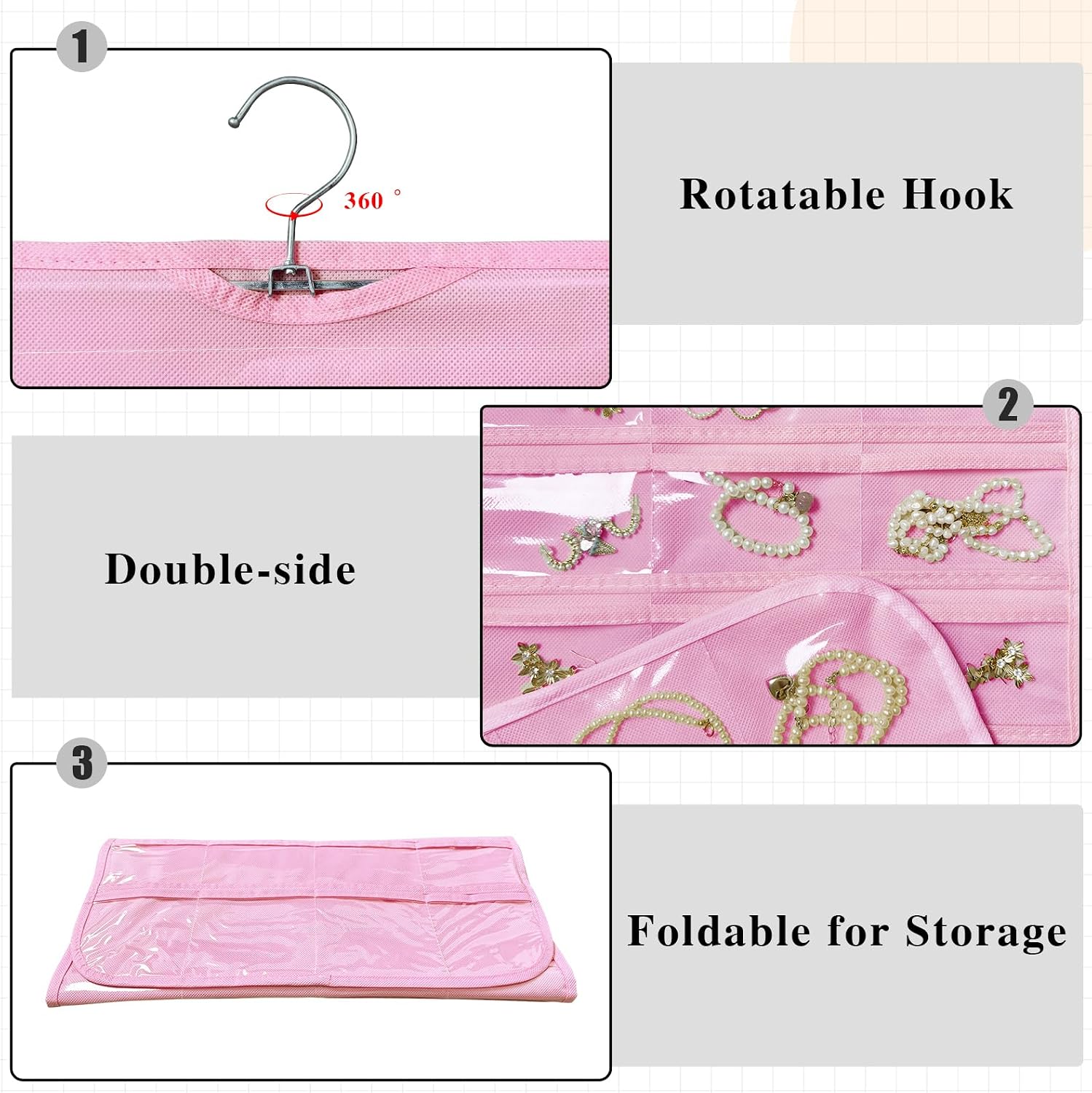 Hanging Jewelry Organizer 80-Pocket Double-Sided Storage, 2-Pack, Pink image 3
