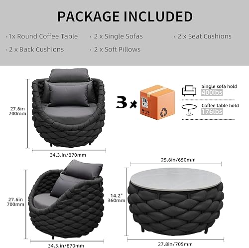 Miniatura 2 de TWT - Juego de muebles de patio de 3 piezas de aluminio, conjunto moderno de exterior tejido a mano con cuerda de poliéster, sofá de conversación