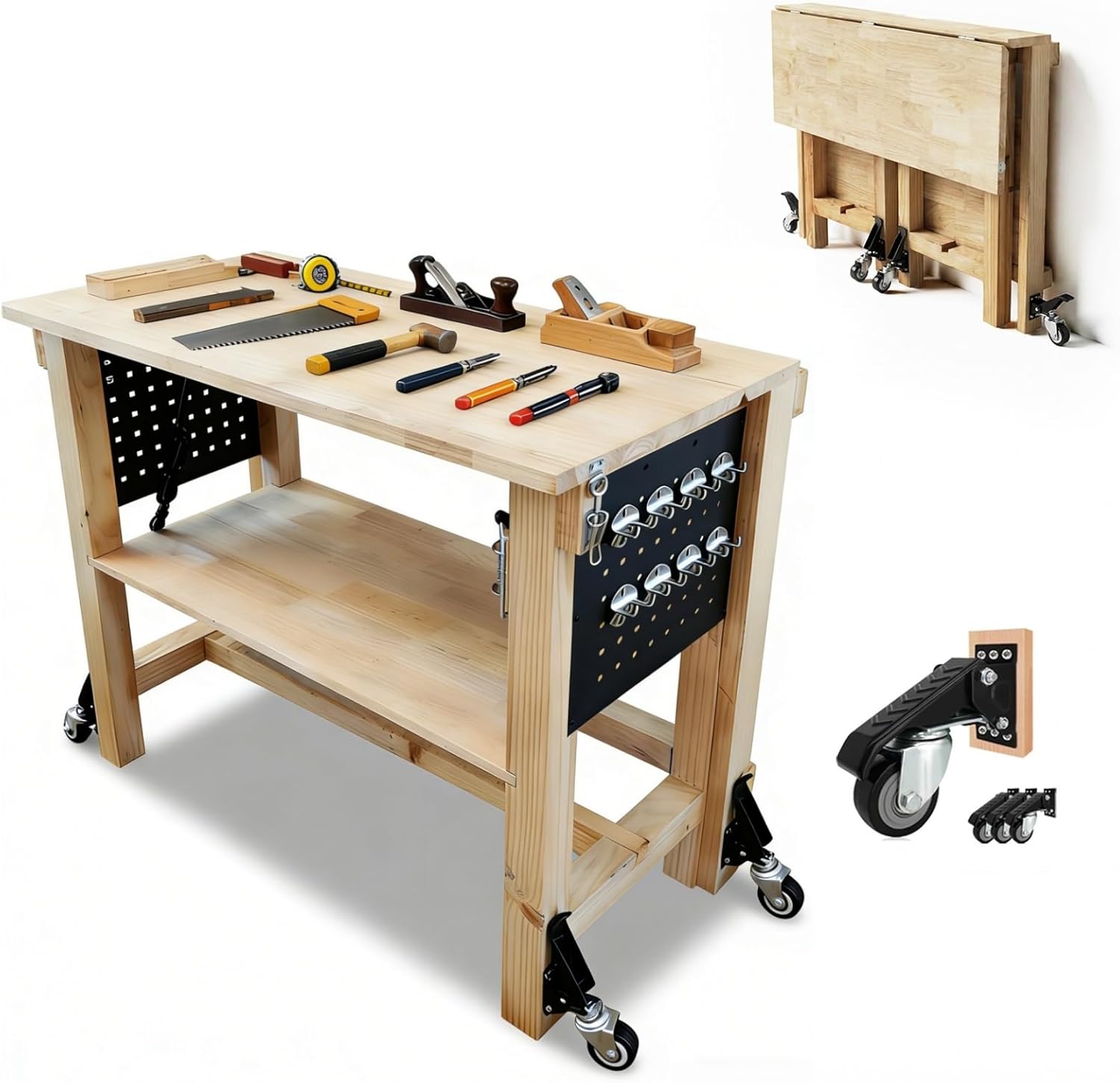 60" Heavy Duty Foldable Workbench with Transformable Wheels and Tool Storage Shelf, Max Load 2500 LBS, Rubber Wood Work Bench for Garage, Woodworking Table with Pegboard