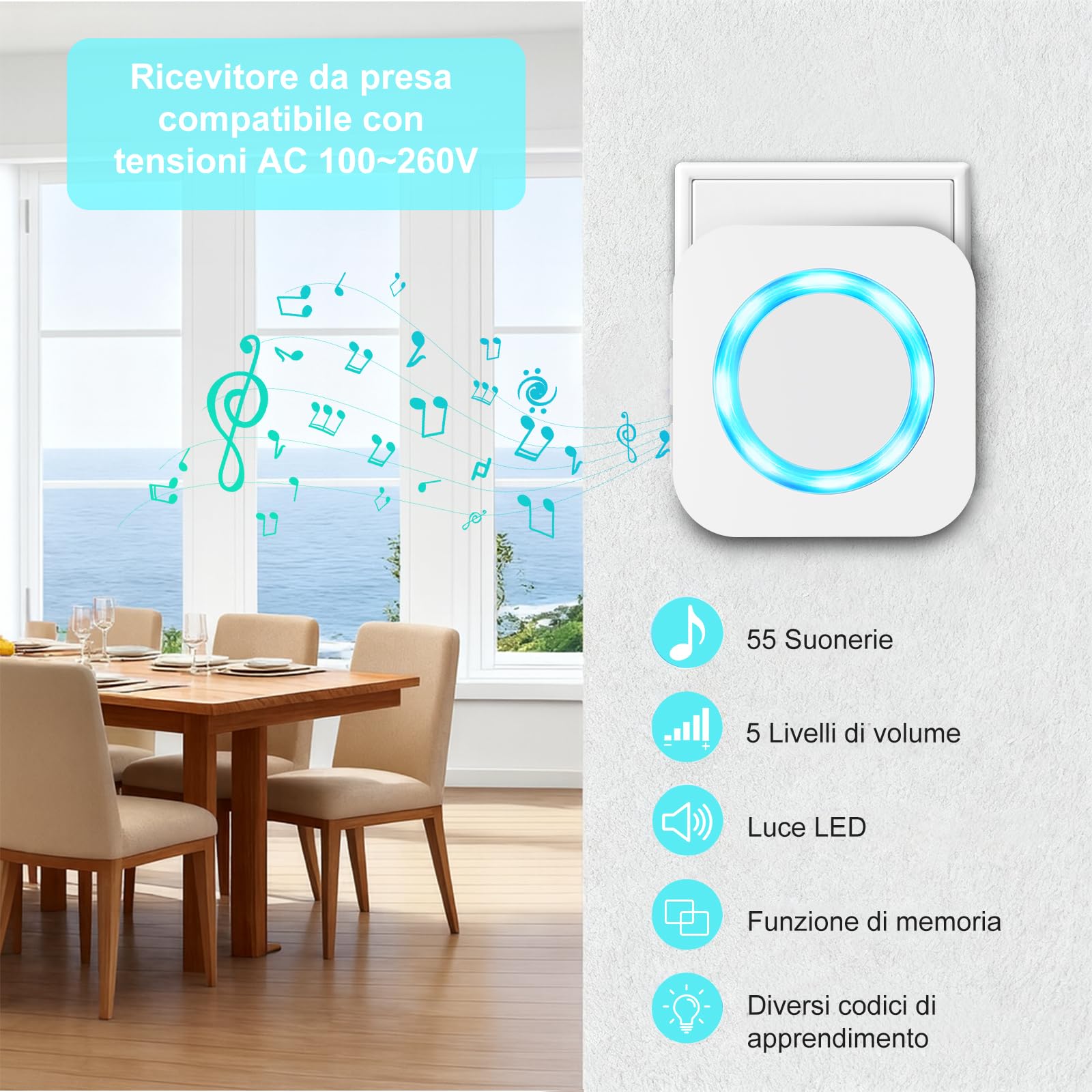 AIMAX Campanello Senza Fili Da Esterno con 2 Trasmettitori e 3 Ricevitori,Portata 400m,Wireless Doorbell,IP55 Impermeabile,55 Melodie e 5 Livelli di Volume,Indicatori LED,Per Casa/Porta d’Ingresso