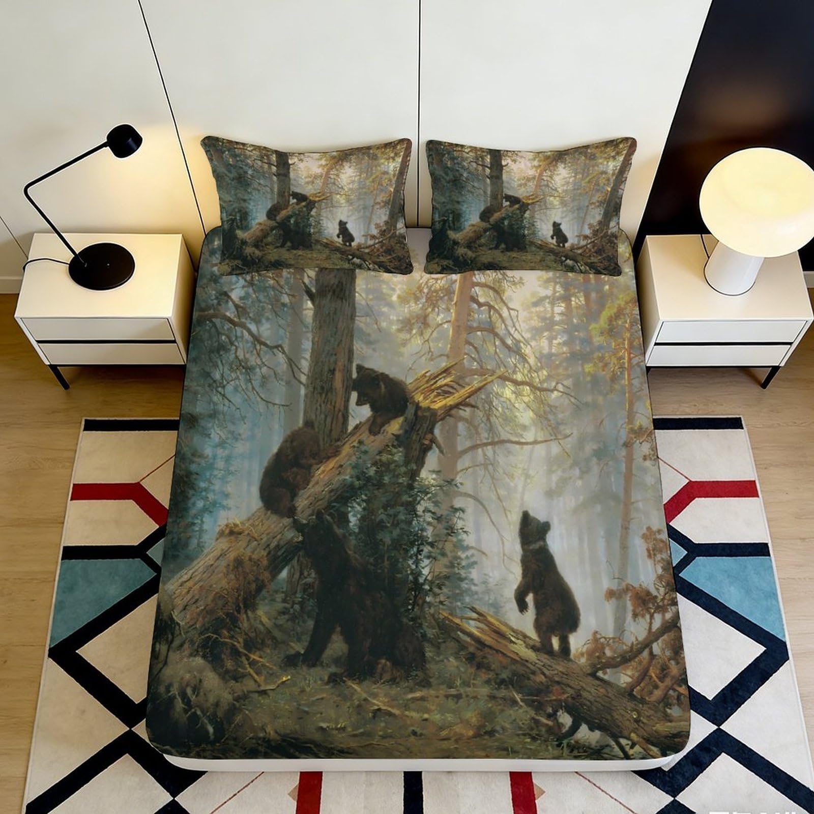 3D Printed Forest Bear Fitted Sheet Microfiber Soft Decorative Woodland Bed Cover for Bedroom Guest Room Dorm 90x200x25cm
