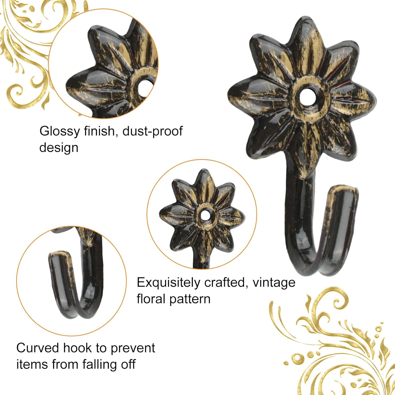 MOROBOR Flower Decorative Wall Hooks, 4 pcs Retro Flower Shaped Curtain Hooks Creative Utility Heavy Duty Wreath Wall Mounted Hook for Hanging Scarves Towels Keys Bags Hats/Brown