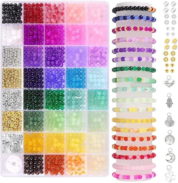 1400 Pcs Bracelet Making Kit 34 Colors Glass Beads 6mm Beads Crystal Gemstone Imitative Jade for Round Bracelets Necklaces Phone Chains Diy Crafts Kit Friendship Bead Adult Tour Kits(34 Colors)