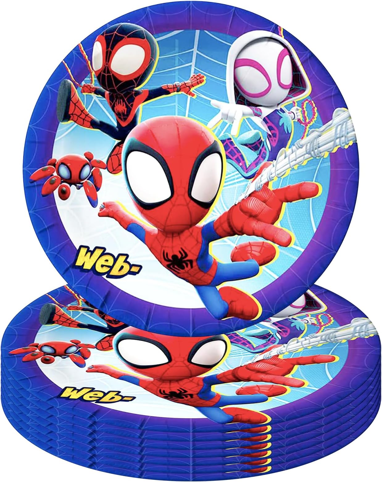 POPOYU 16P 7Inch Paper Plate Blue Theme Tableware Blue Superhero Party Tableware for Kids Birthday, Cartoon for Boys Birthday Supplies Theme Party Favor