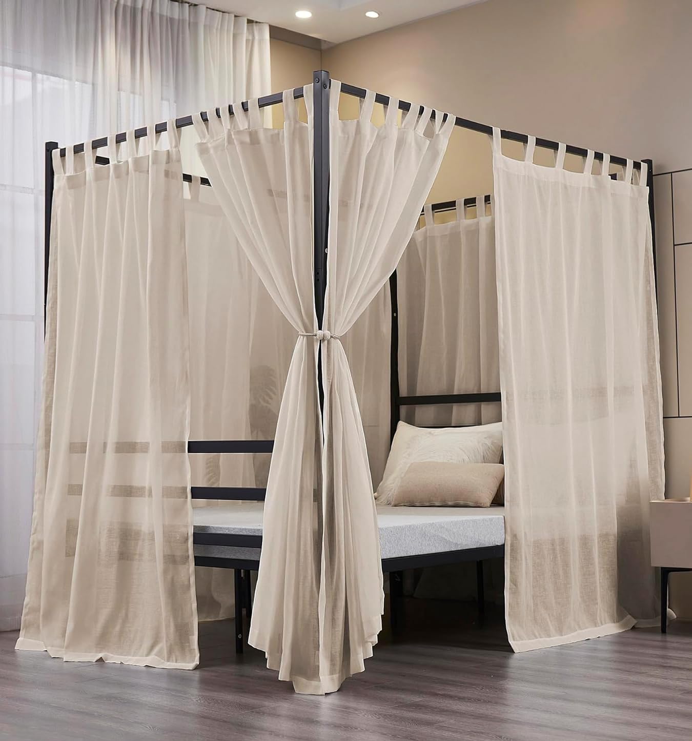 Canopy Bed Curtains Linen Bed Curtains for Twin,Full,Queen and King Size Bed Natural Blended Curtain 8 Panels(52" W X 72”L,Linen)