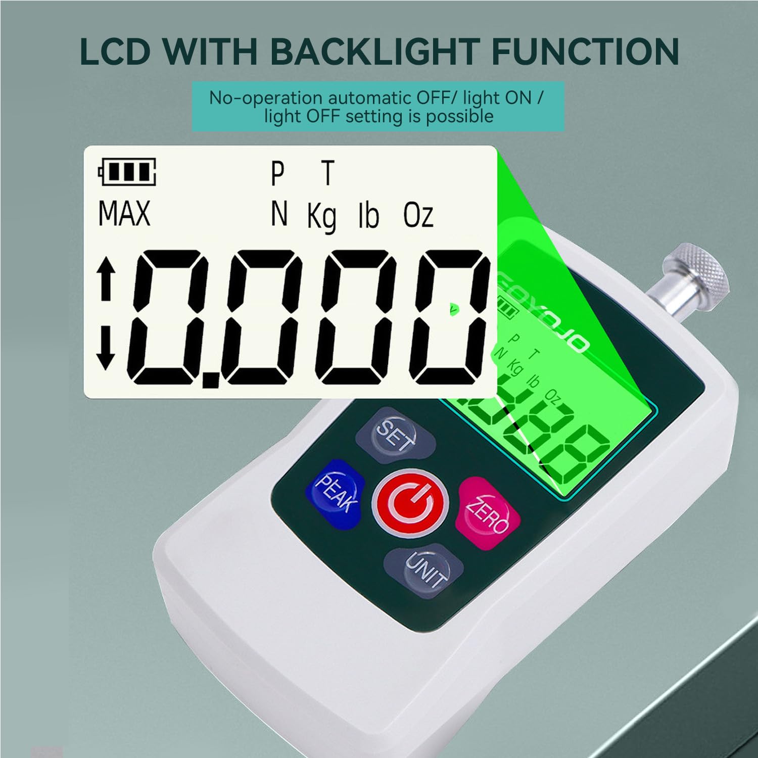 Digital Force Gauge display with backlight function active, showing MAX, P T, N Kg lb Oz, and a numerical reading.