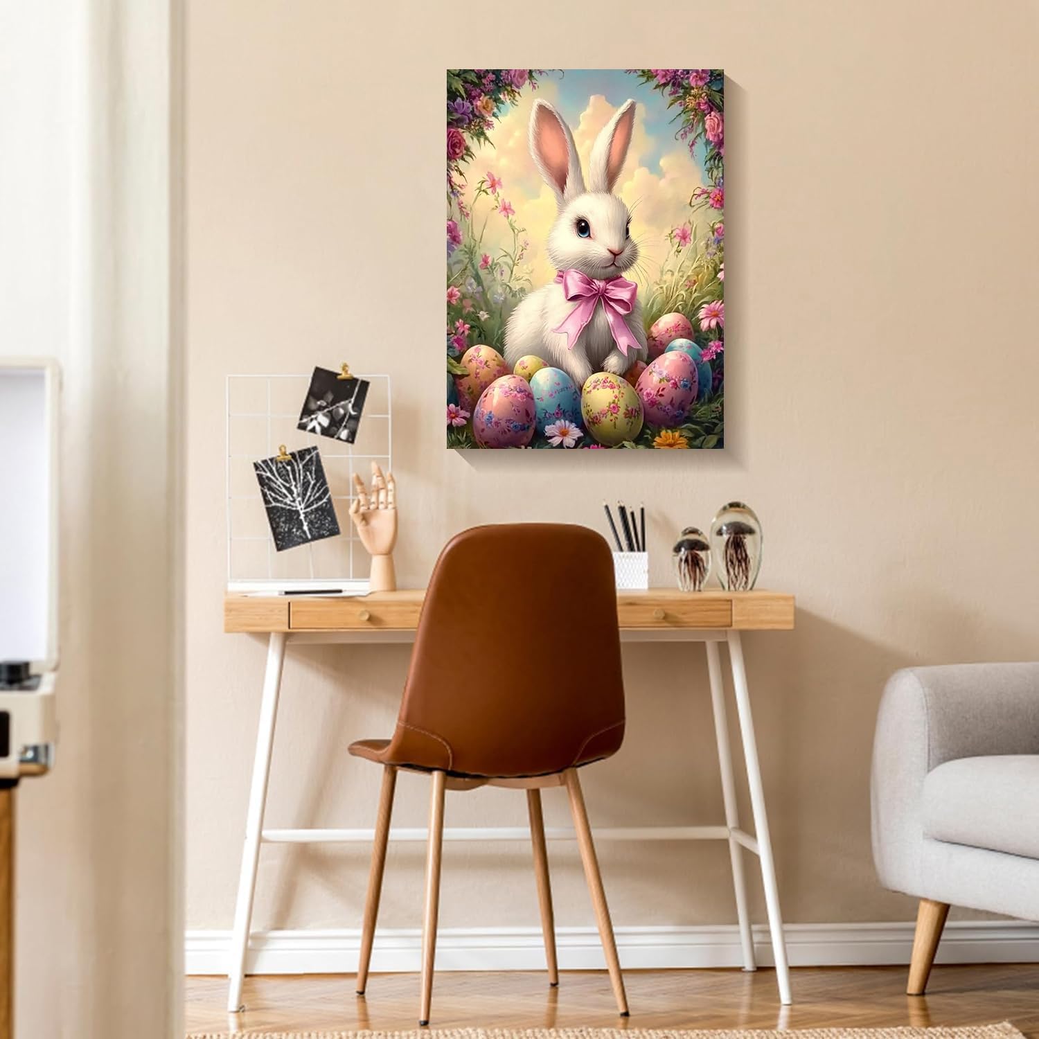 MSTINGSHUN Bunnies and Colored Eggs Paint by Numbers for Adults Beginners Flowers Picture Decor DIY Acrylic Paint by Numbers Kits on Canvas Easter Decor Artwork for Home Decor 16x20inch(with Frame)