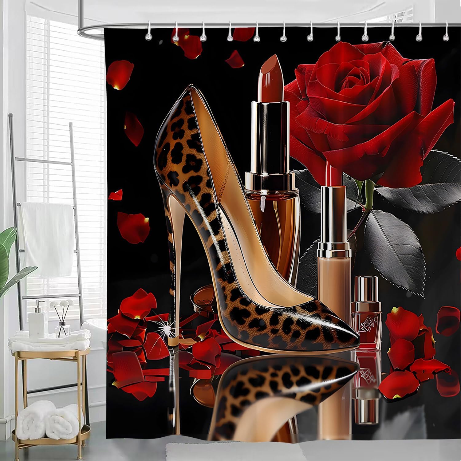 Fashion High Heel Shower Curtain Striped Modern Makeup Romantic Woman Girls Princess Beautiful Rose Flower Fantasy Valentine's Day Bathroom Decor Curtains 94x70 inch with Hook