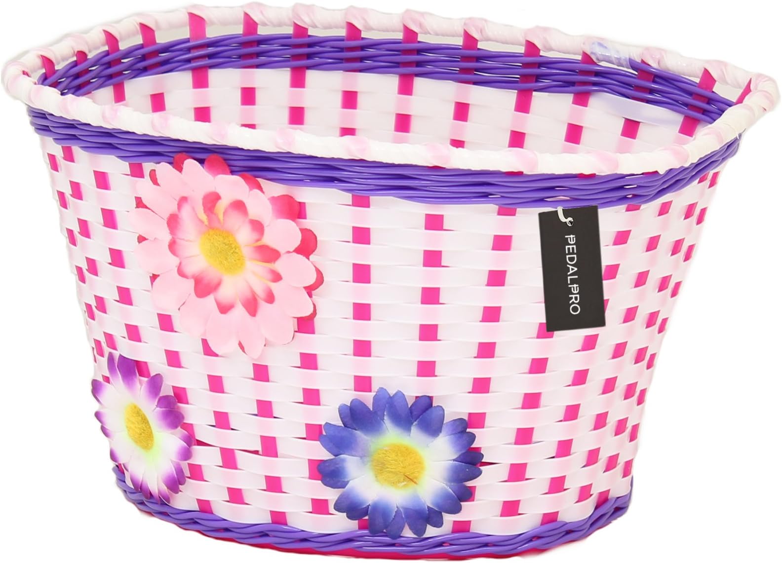 PedalPro Flowery Childrens Bicycle Basket - White, Pink and Purple