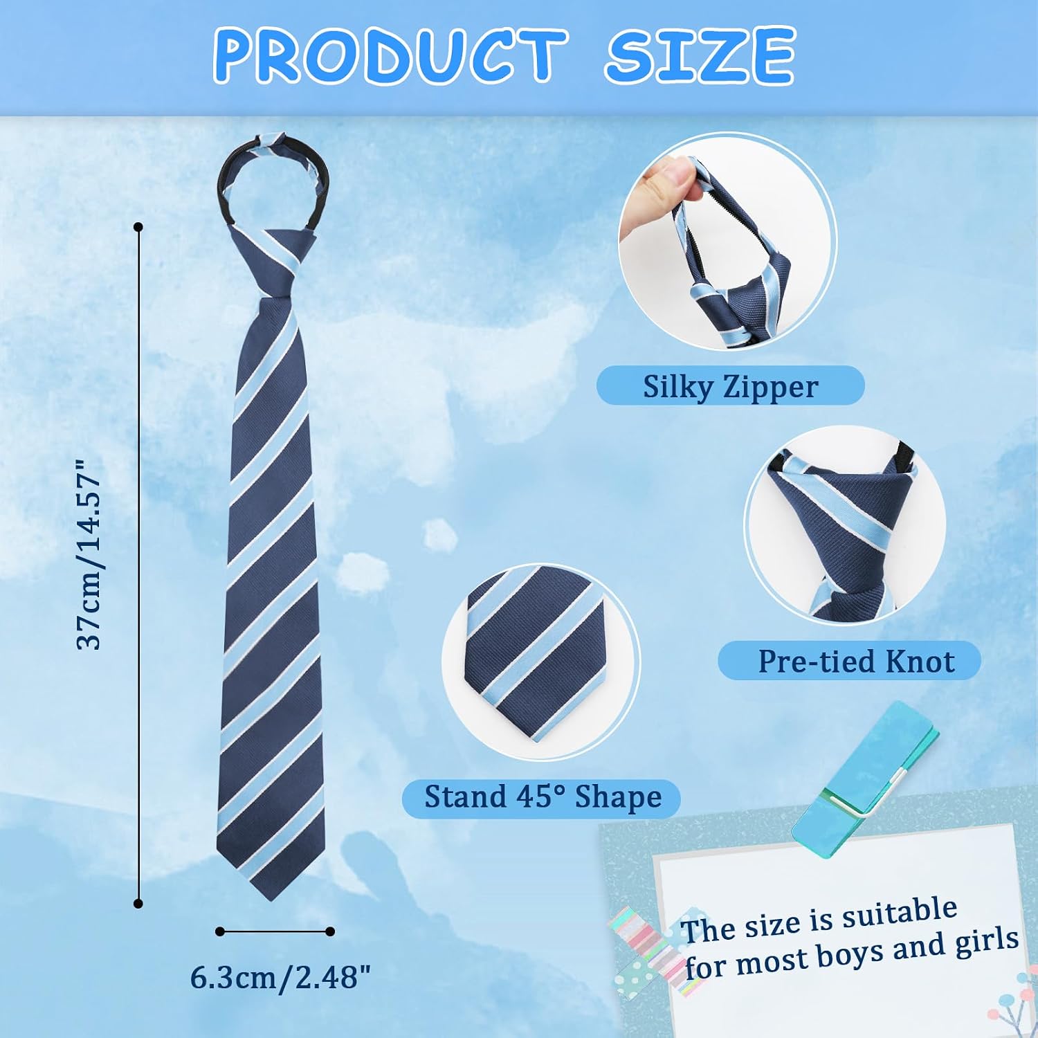 Zipper Ties for Boys Girls, 2.48" Stripe Kids Tie Adjustable Pre-tied Plaid Boys Tie for Wedding Party School Uniform (Navy Striped)