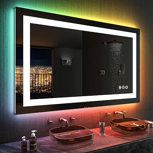 Miniatura 2 de Loaao Espejo de baño LED RGB, 40 x 30 pulgadas, luces para baño, antiniebla, regulable, múltiples modos de luz, retroiluminación RGB, luz frontal,