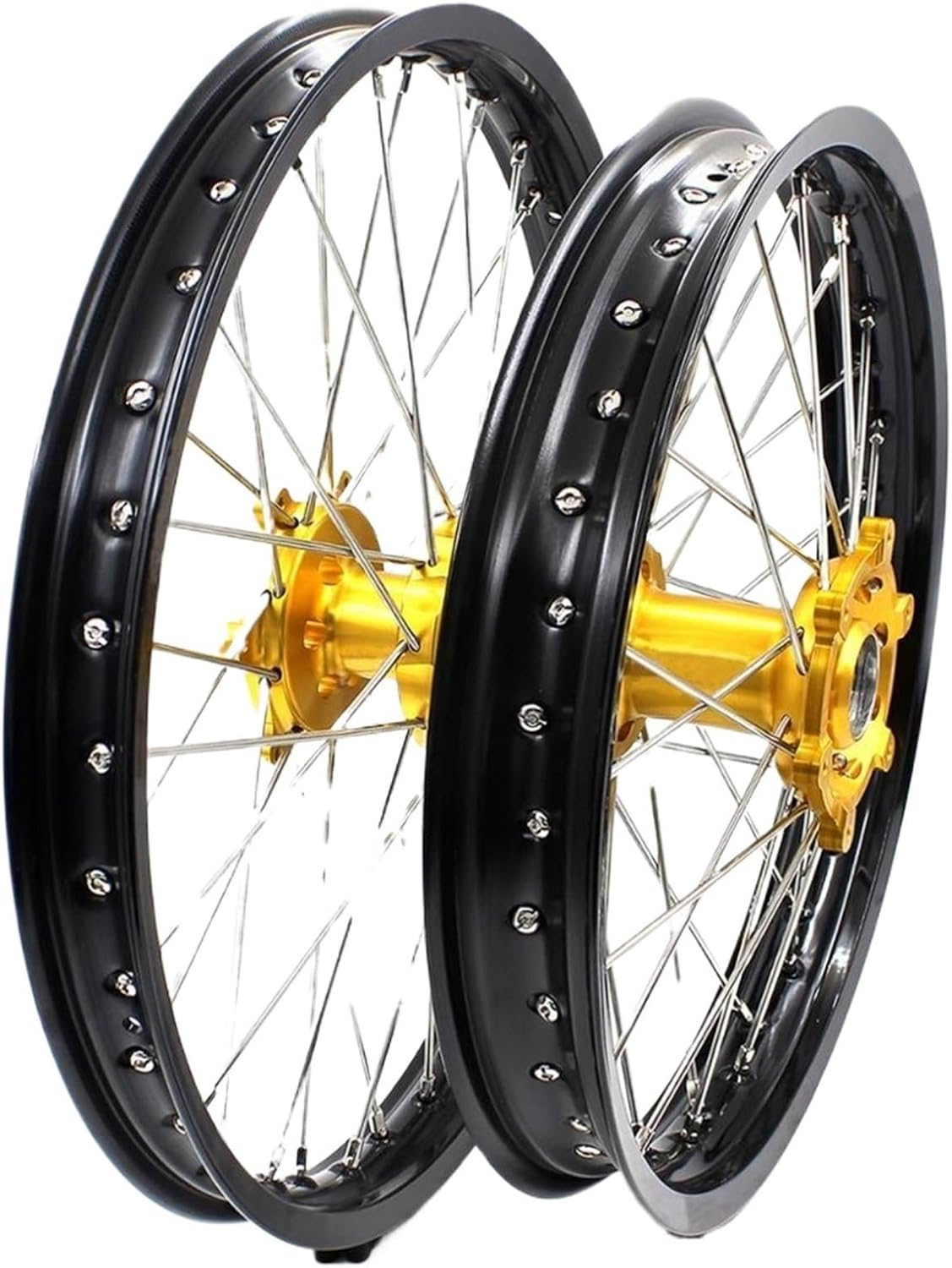 KKE 1.6 * 21/2.15 * 19 MOTORCYCLE COMPLETE SPOKED WHEELS RIMS SET Compatible With SUZUKI RM125 2001-2007 GOLD CNC HUBS