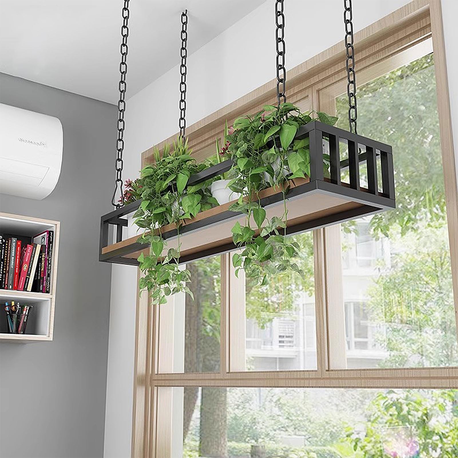 Générique Support pour Plantes — Étagères d'exposition flottantes pour Plantes, Support Suspendu pour Pots de Fleurs au Plafond avec chaîne en Fer et Base en Bois, étagèr