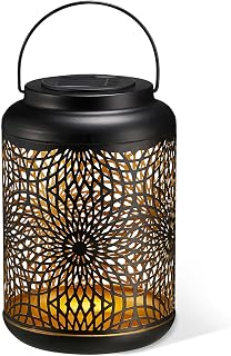 Glitzhome Solar Lantern Black Metal Cutout Scrollwork Outdoor Hanging Solar Light with Handle for Garden Patio Yard Outdoor Decor