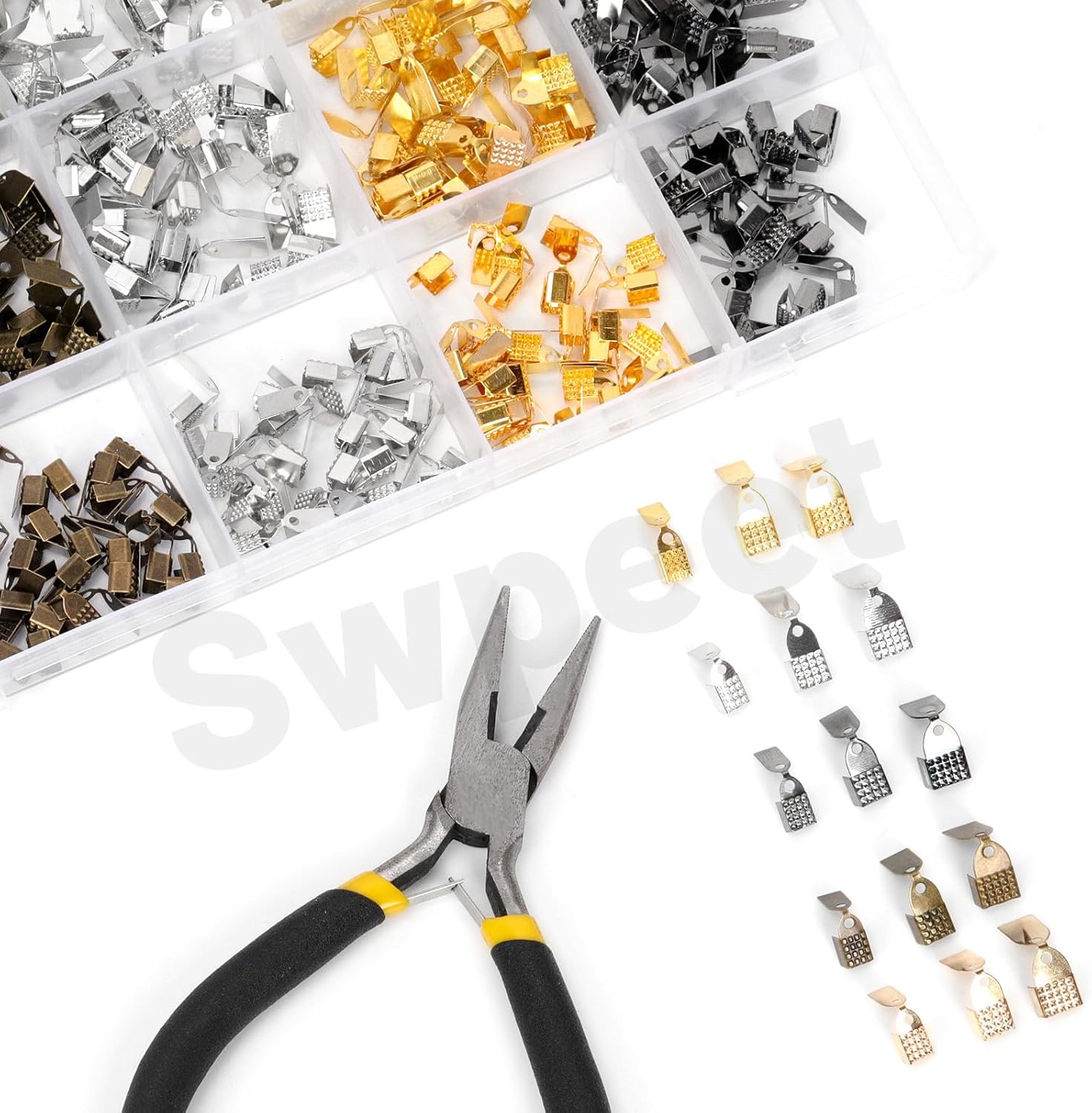 Swpeet 451Pcs 5 Colors 4mm 5mm 6mm Fold Over Cord Ends Cord Crimp Tips with Installation Pliers Assortment Kit, Leather Ribbon Cord End Clasp Tips Caps, Jewelry Connector for DIY Jewelry - Image 4