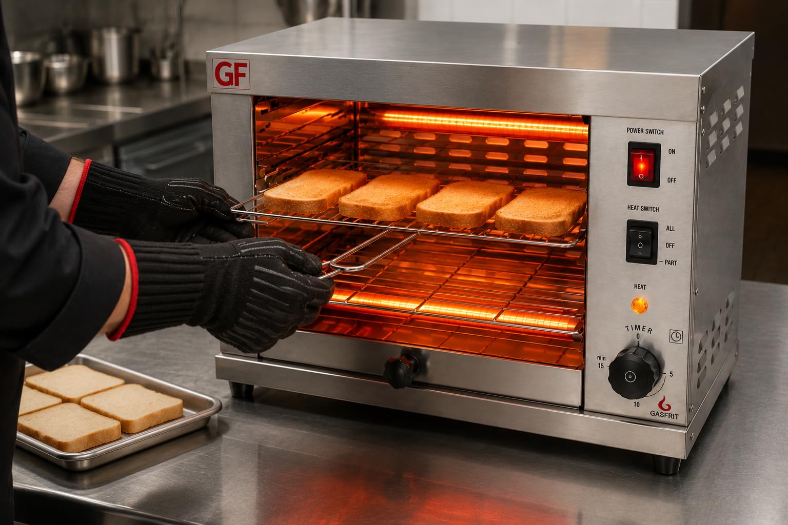 Tostador Eléctrico Industrial de Cuarzo 2 Plantas, opción temporizador, 3000W, Acero Inoxidable, Parrilla y Bandeja Recogemigas Extraíbles, Uso Profesional Hostelería