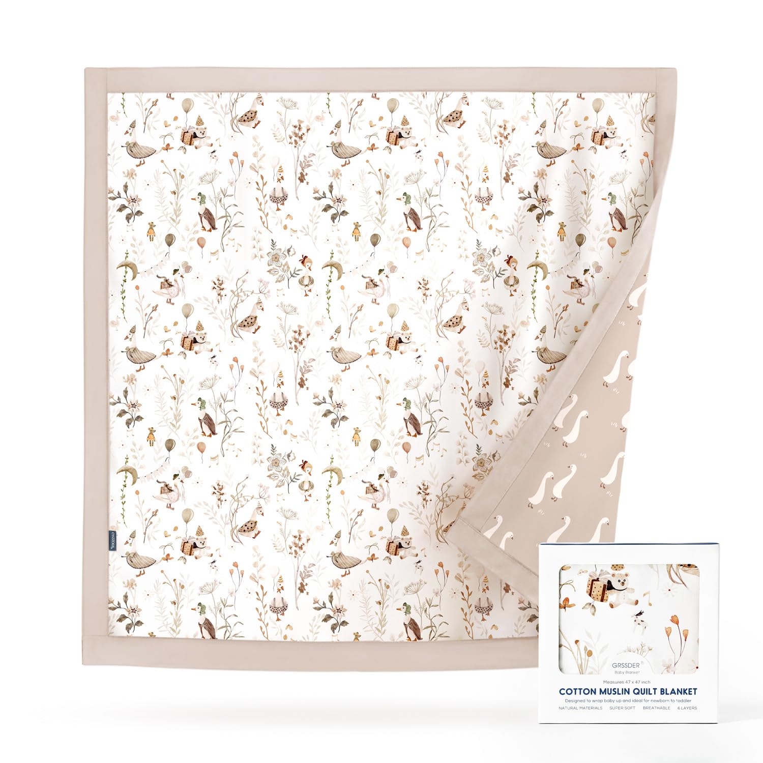 GRSSDER Muslin Cotton Quilt Blanket - Silky Soft and Breathable Baby Blanket Quilt, Oversized Muslin Blankets for Newborns, Toddlers &amp; Kids, 6 Layers Reversible Design for All Seasons, 47" x 47"