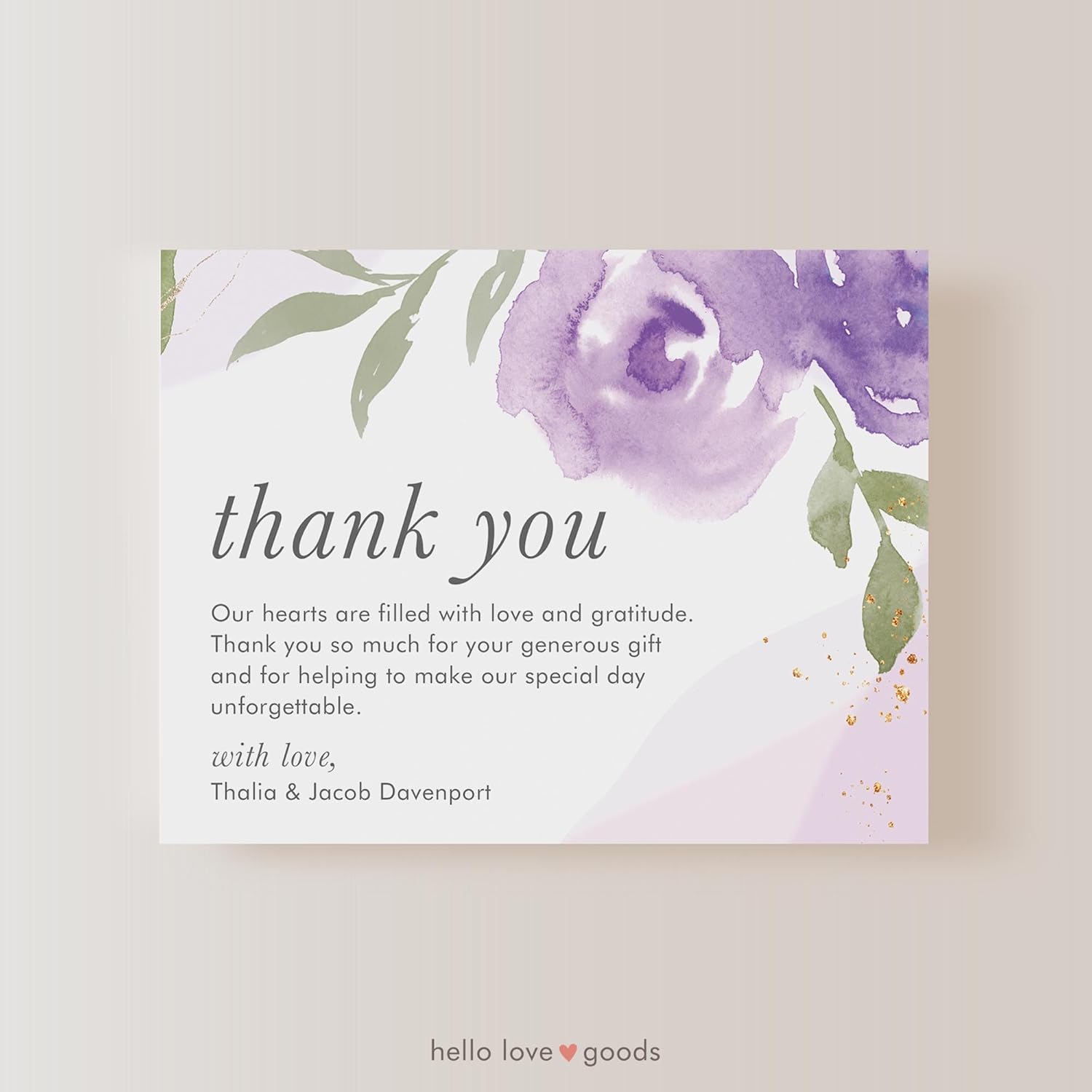 Personalized Wedding Thank You Cards with Message, 5.5x4.25 Flat Thank You Note Cards with Purple Floral (Purple Floral)