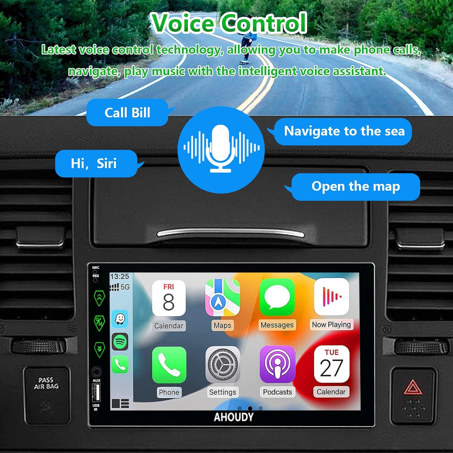 AHOUDY Car Stereo with Voice Control Carplay & Android Auto, 7 Inch Full HD Capacitive Touchscreen with Bluetooth, Mirror Link, Rear Camera, USB Port, AUX Input, AM/FM Car Radio Receiver