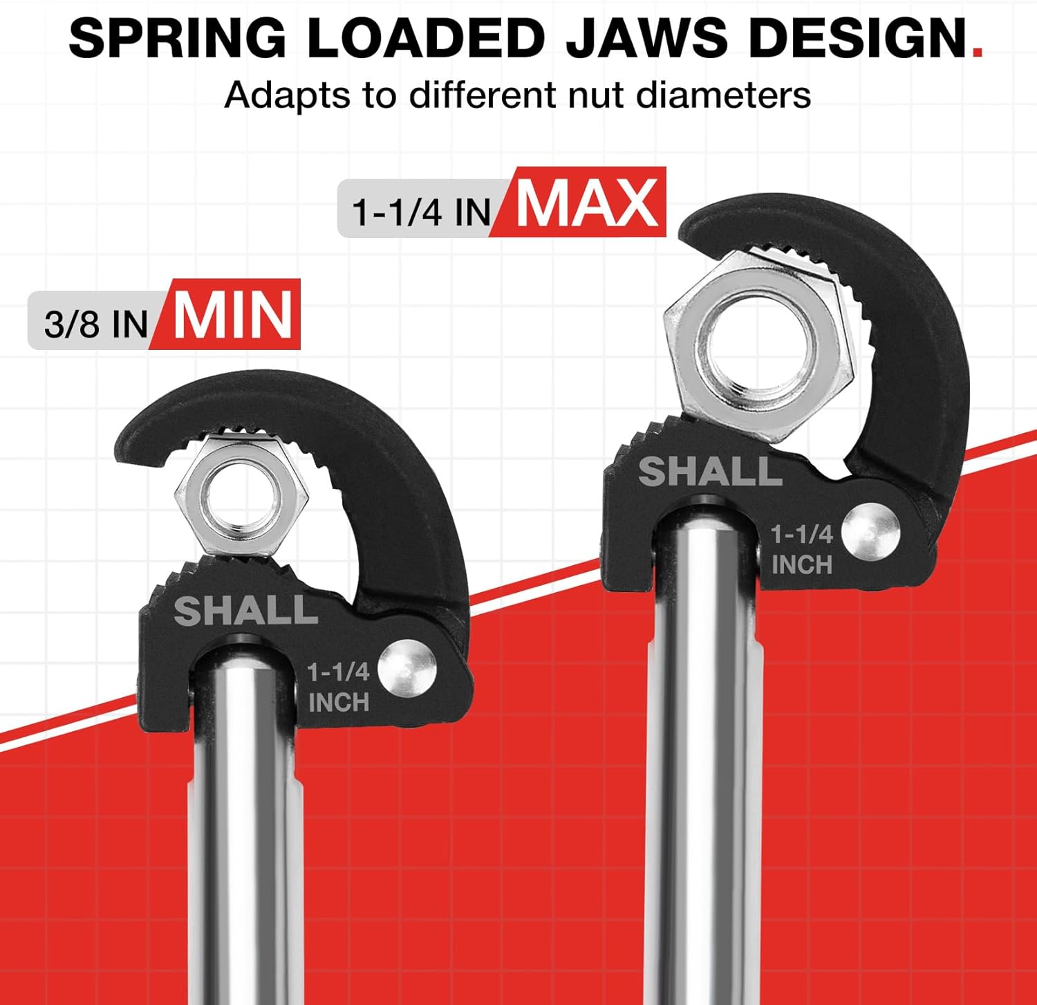 Close-up of Shall Basin Wrench jaws adapting to different nut sizes, from 3/8 inch minimum to 1-1/4 inch maximum