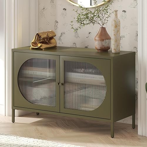 Armario decorativo con 2 puertas, gabinete de buffet de metal vintage, aparadores con vidrio estriado, credenza para sala de estar, cocina, comedor,