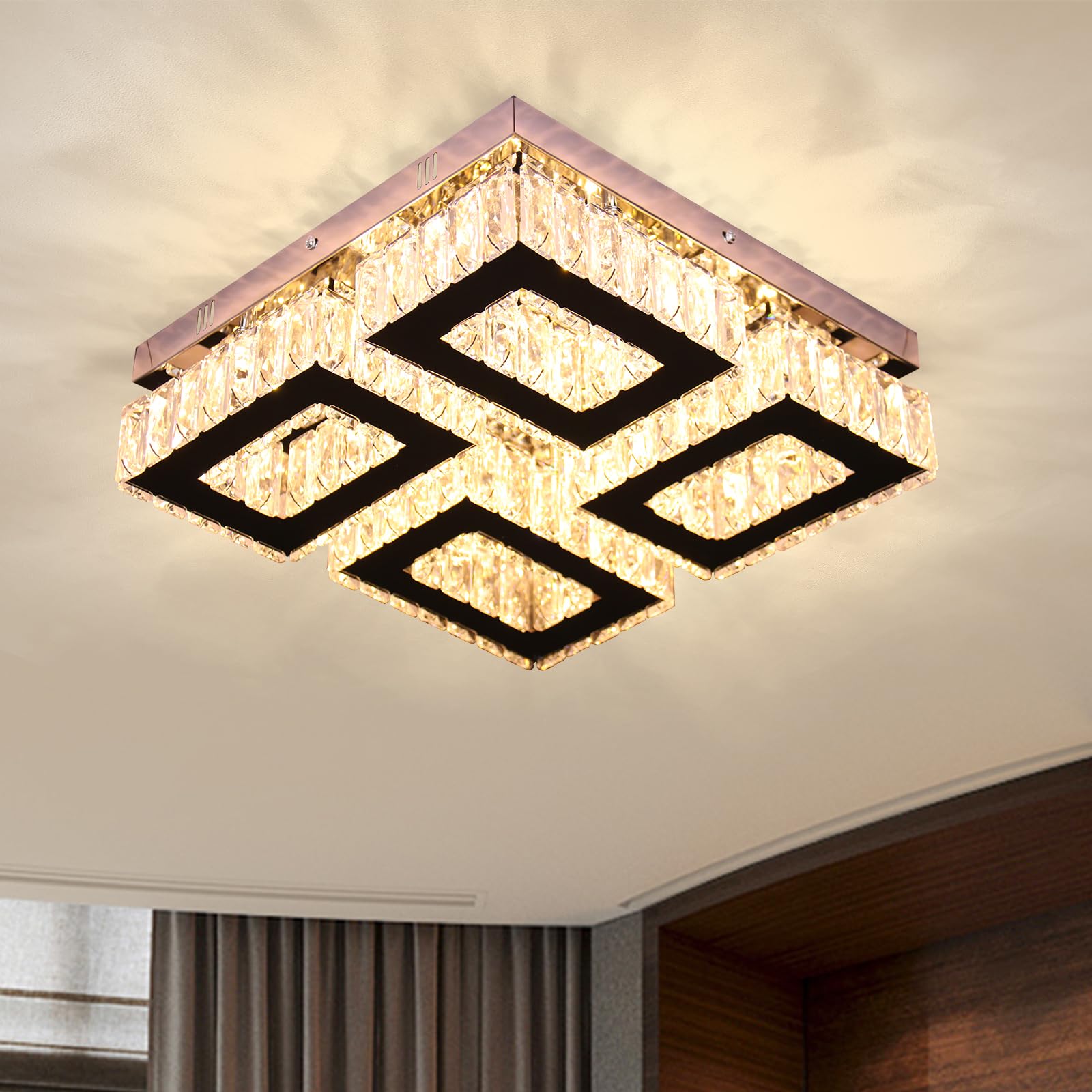 FRIXCHUR 13.2" Square Crystal Ceiling Light LED Crystal Chandelier Modern Flush Mount Ceiling Light Fixtures for Bedroom Living Room Kitchen (3500K Warm)