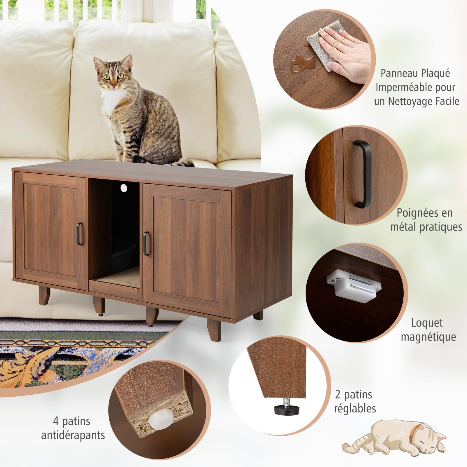 COSTWAY Meuble Litiere Chat en Bois, Cache Litiere Chat Double Porte 3 en 1, Planche à Griffer, 6 Pieds Surélevés Amovibles, 6 Passe-Câble, Maison de Toilette Chaton, 120 × 52 × 65 CM, Brun