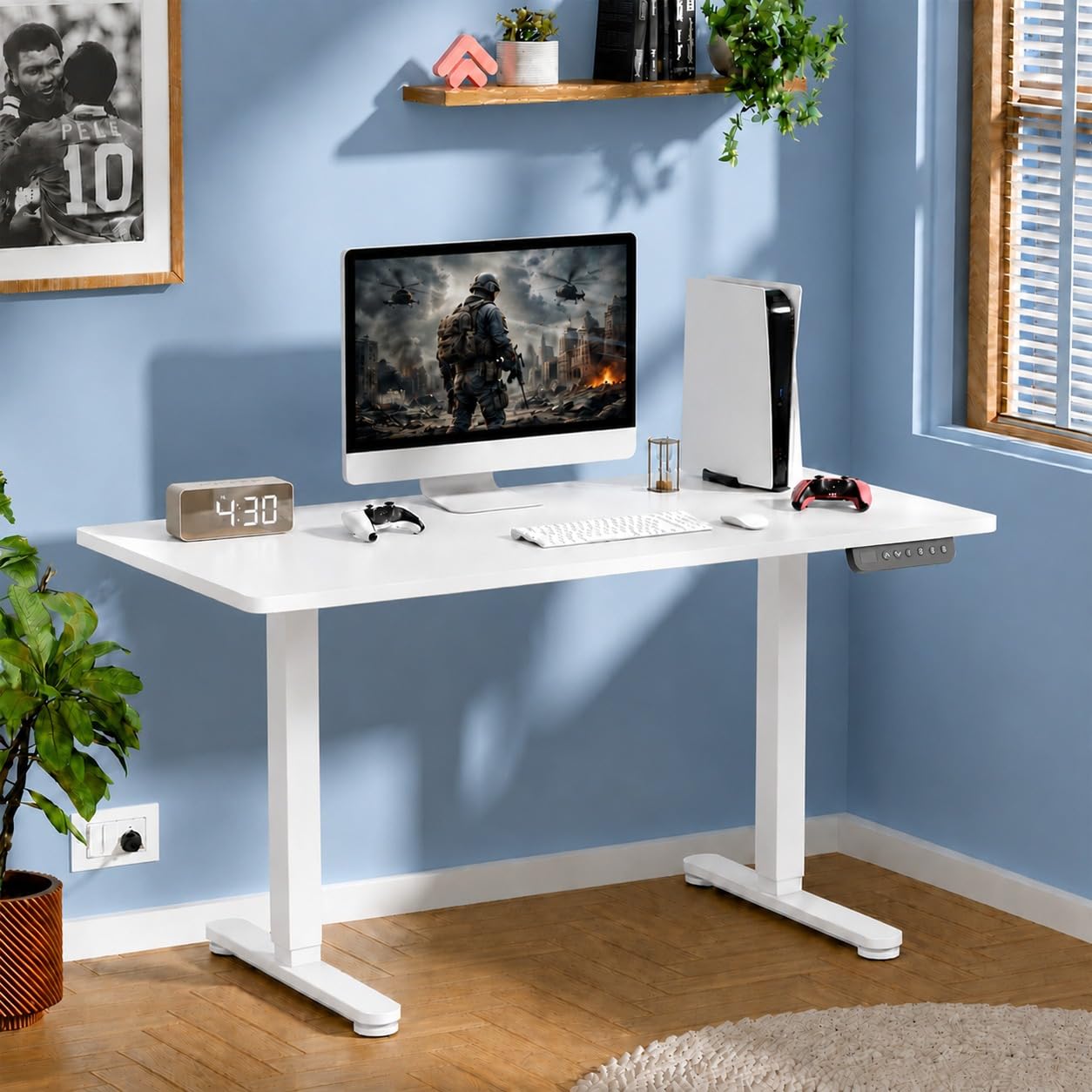 White Mulberry Height Adjustable Table For Office Work | Electric Standing Desk 120x60cm White | Motorized Sit Stand Desk With Digital Screen & Memory Presets | White Ergonomic Home Office Workstation