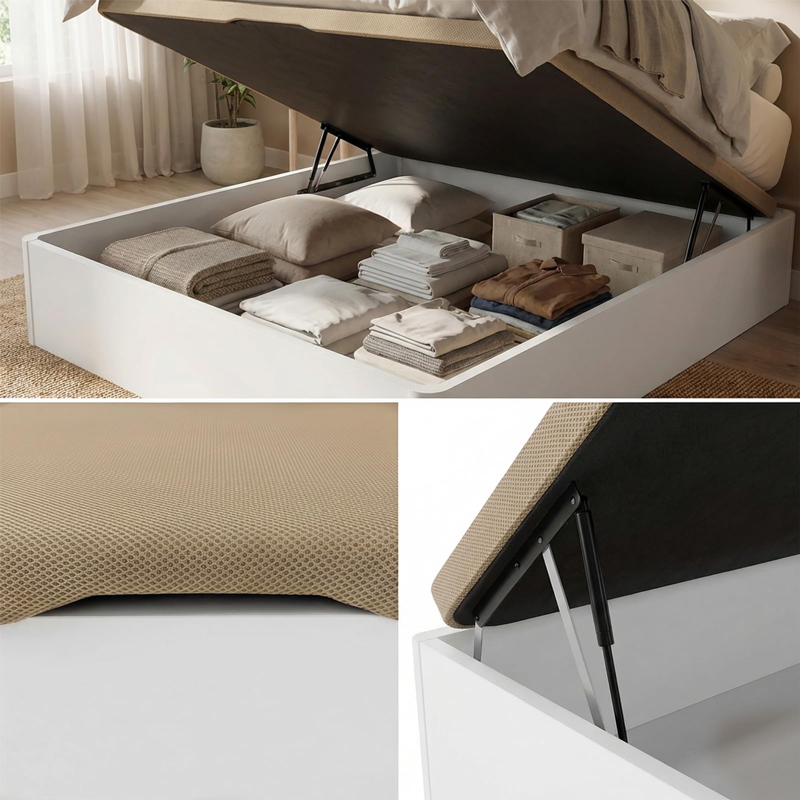 DUÉRMETE ONLINE - Canapé Abatible 135x190 cm Blanco, Gran Capacidad de Almacenaje, Estructura Súper Reforzada, Tapa 3D Transpirable, Incluye Subida a Domicilio