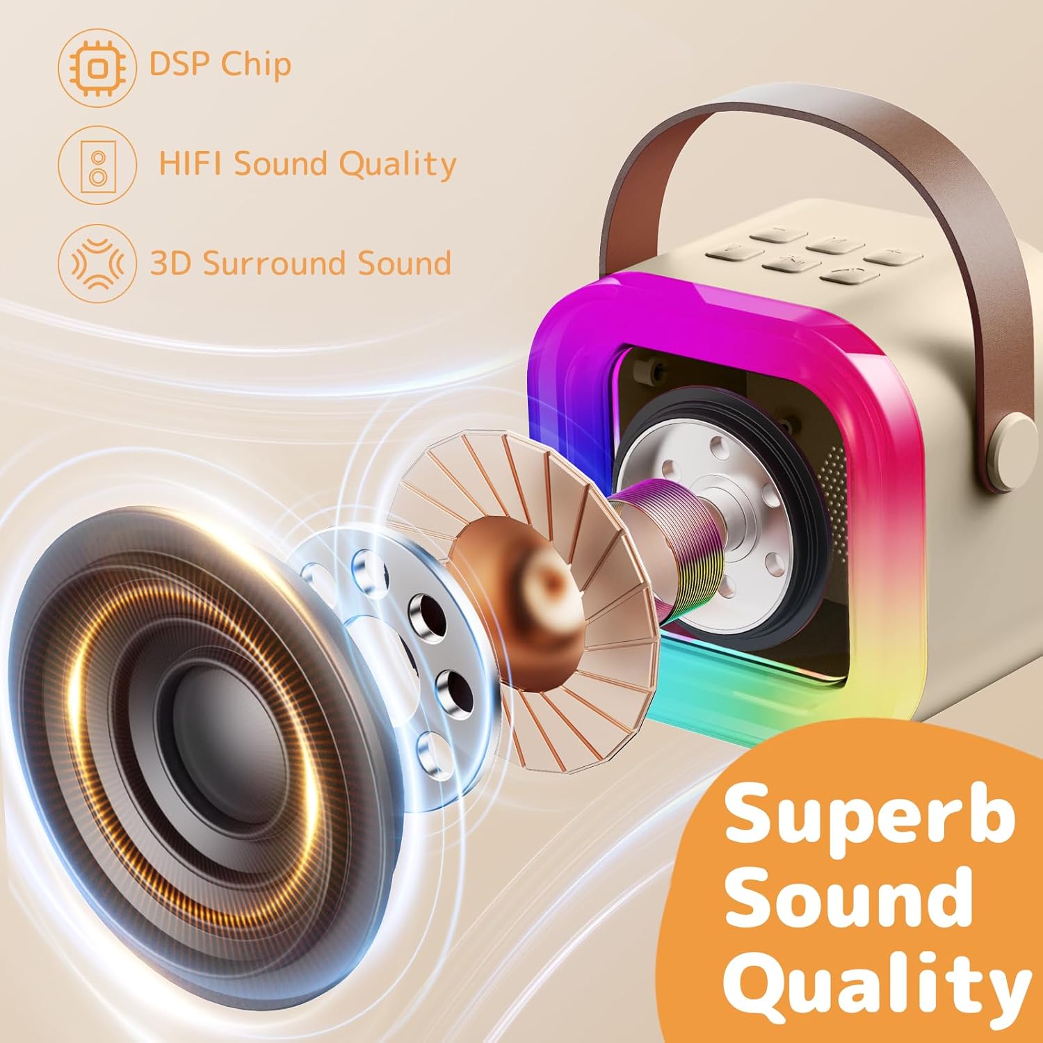 Fede Karaoke Machine for Kids Adults, Mini Karaoke Machine with 2 Wireless Microphones, Portable Bluetooth Speaker with Voice Changing Effects & LED Lights, Best Gifts Toys for Girls and Boys - Image 4