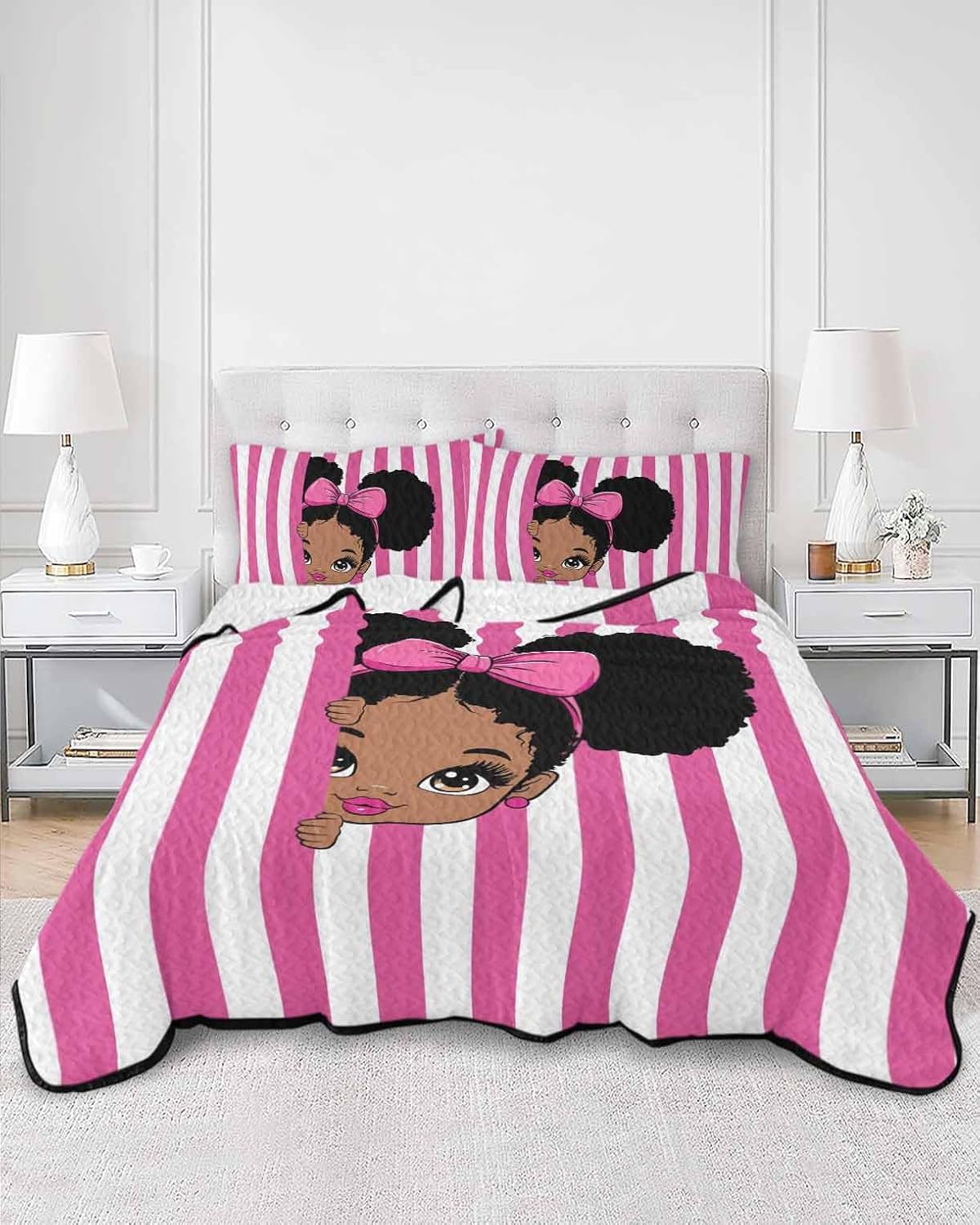 Full Quilt Sets with 2 Pillow Shams, Pink Stripes Lightweight Summer Quilts Full Size, Cartoon Funny Bow Girl Vertical Striped Bedspreads Coverlet Bedding Set 3 Pieces for All Season