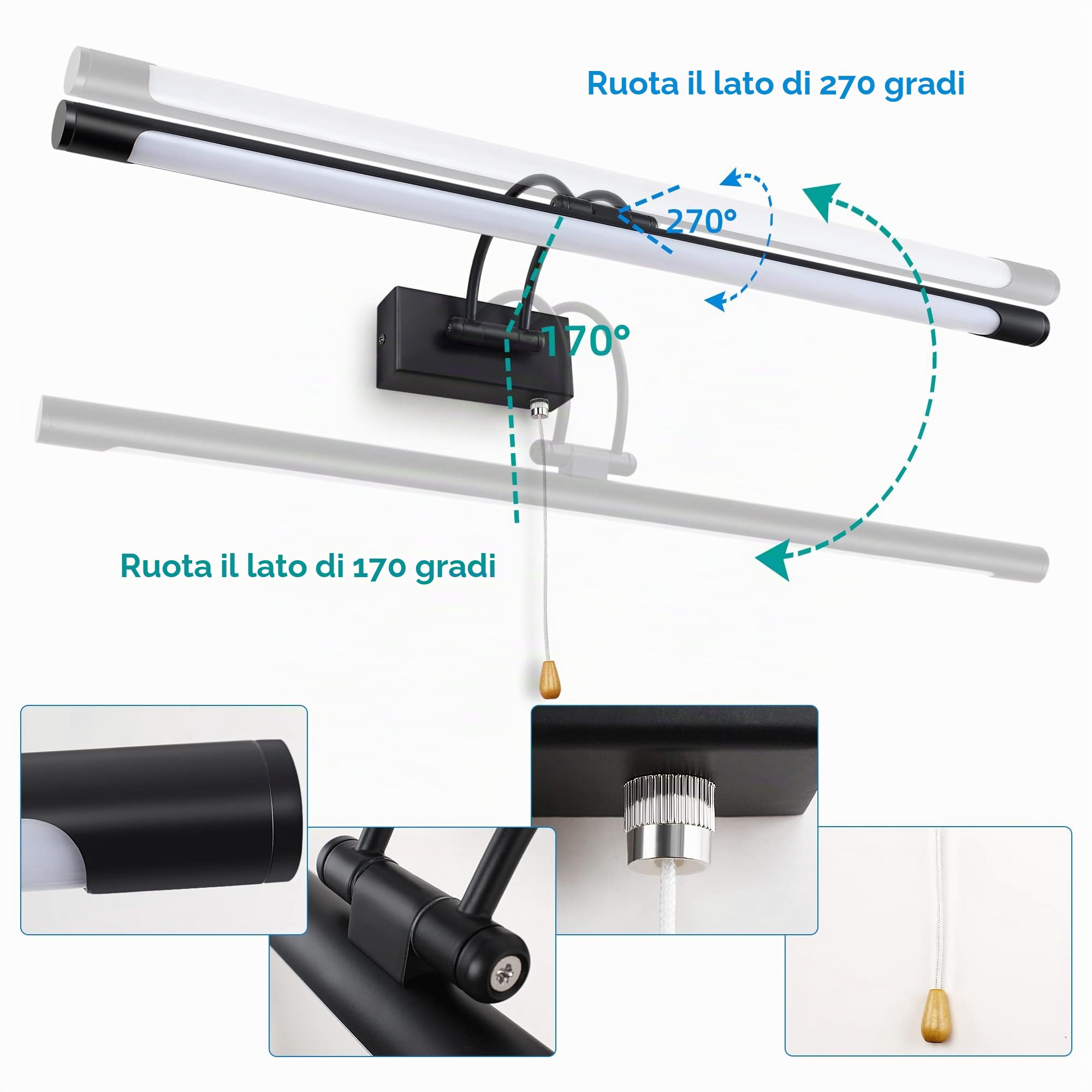 MantoLite LED Lampade da Parete per Quadri,12W 3000K Illuminazione per Interni con testa Girevole e Interruttore, Specchio da Bagno Illuminazioni per Pareti Lampade Lettura Applique (Nero,60CM)