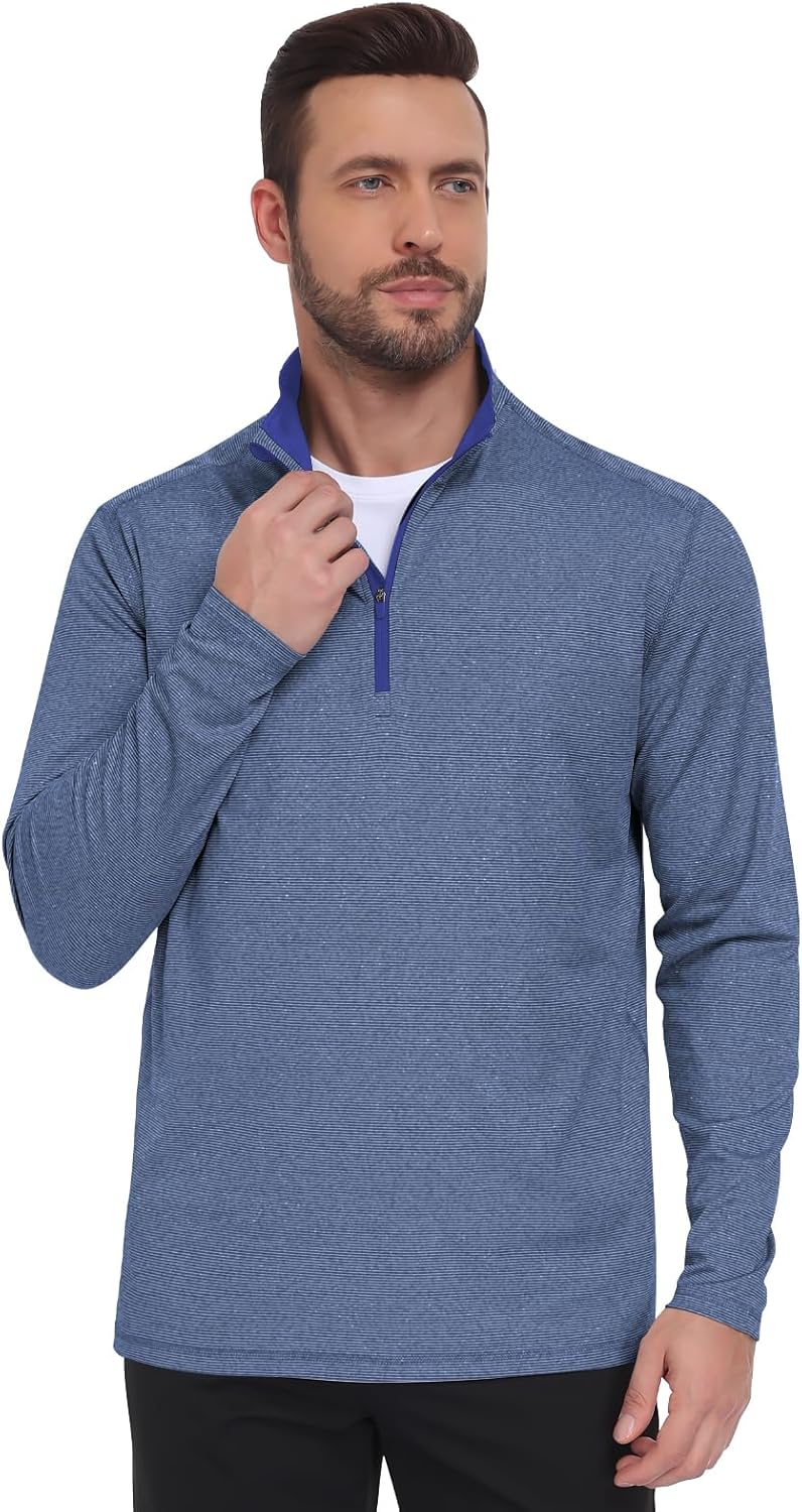 Mens Quarter Zip Golf Pullover - Long Sleeve, Striped, UPF 50+, Dry-Fit with Collar... - Image 2