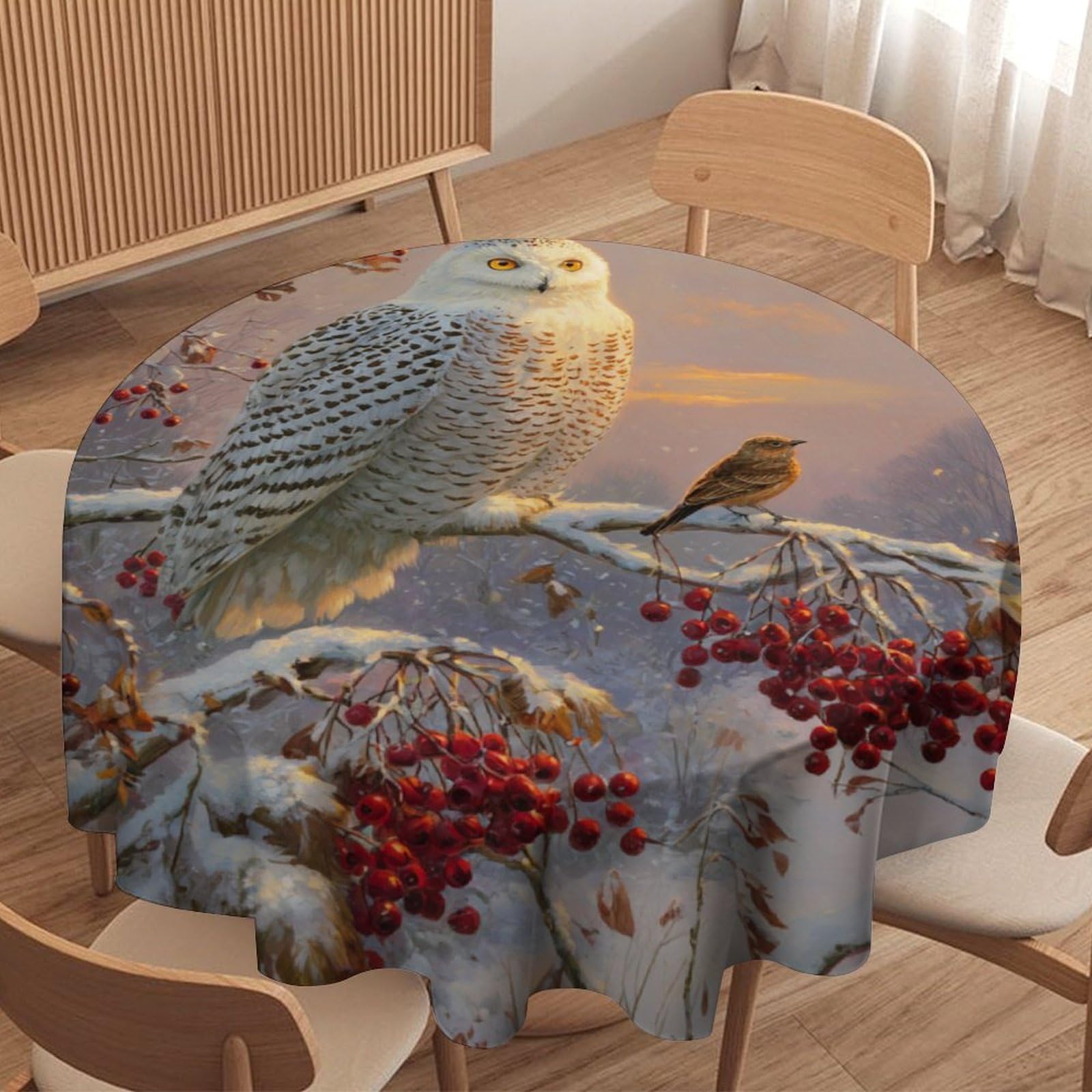 LUYYSKY Beautiful Classic Winter Owl Waterproof Round Tablecloth Elegant Realistic Snowy Forest Landscape Animal Owl Washable Table Cover for Kitchen-91.4" Wx91.4 L cm