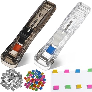 Housoutil Portable Binder Clip Stapler, 2 Pack Mini Push Stapler Handheld, Mini Push Clamp Dispenser with Reusable 50PCS Colorful and 50PCS Silver Clip for Fixing Documents Home School Desk Office